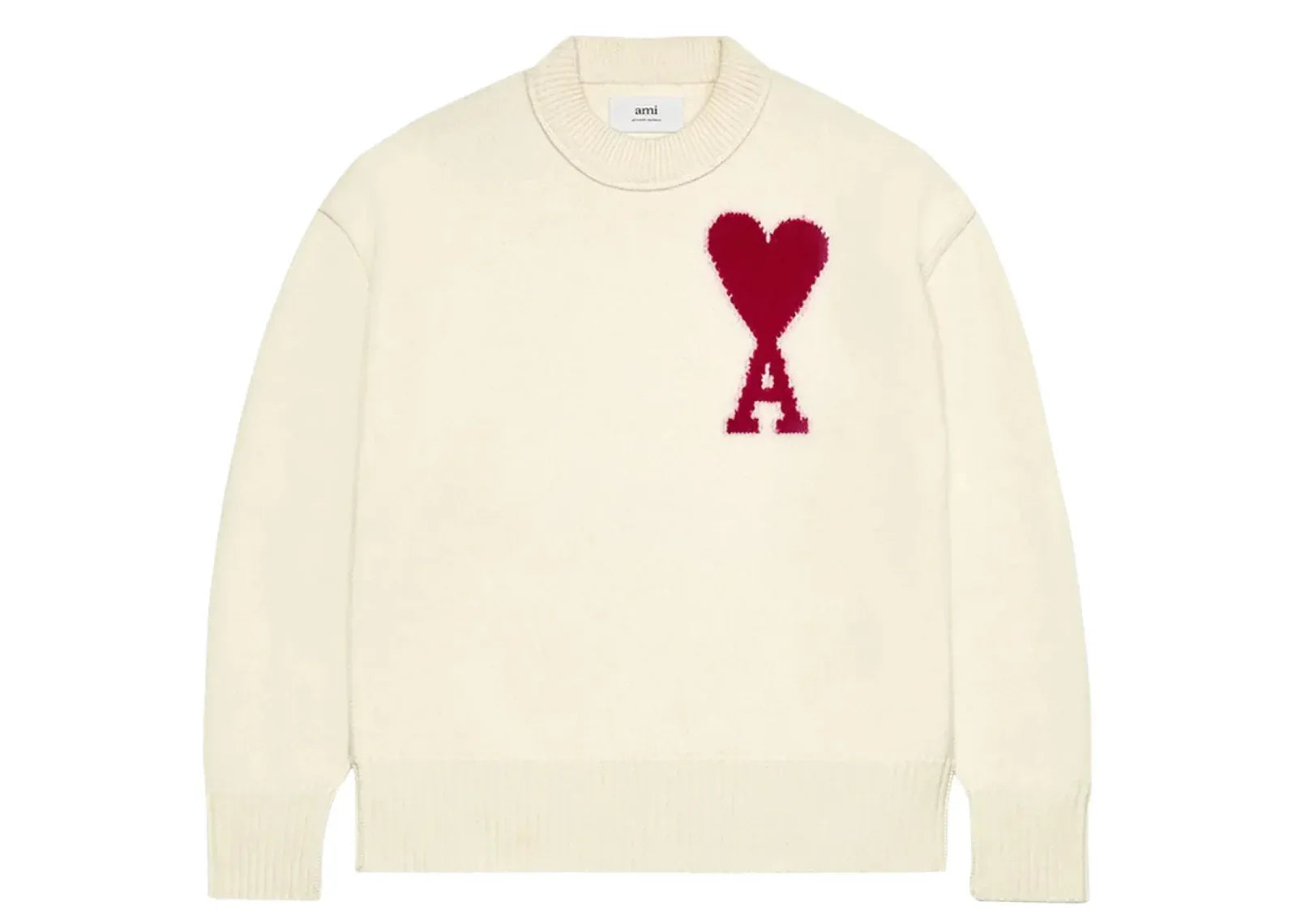 Ami Paris Ami De Coeur Felted Merino Wool Sweater Off White/Red - Mind Türkiye