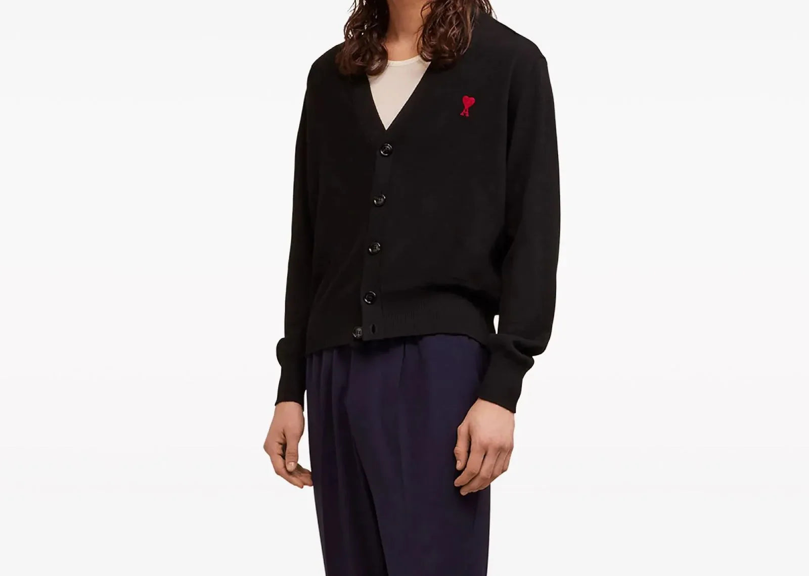 Ami Paris Logo Embroidered Wool Cardigan Black - Mind Türkiye