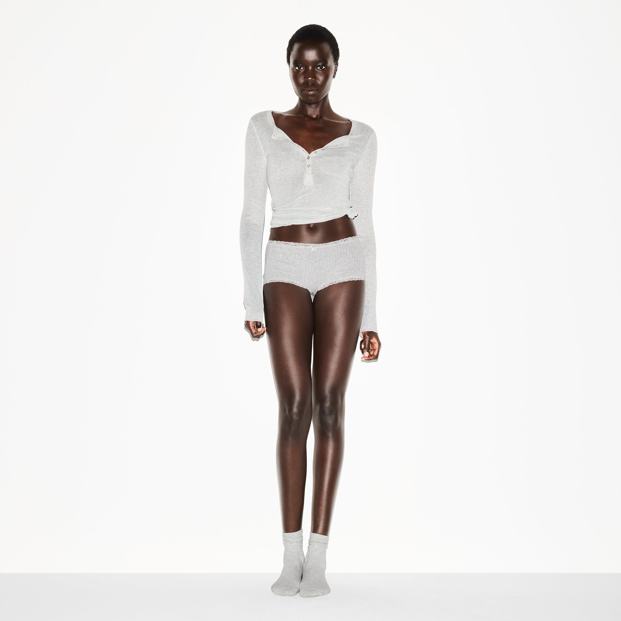 SKIMS LIGHTWEIGHT COTTON POINTELLE LACE BOY SHORT | LIGHT HEATHER GREY - Mind Türkiye