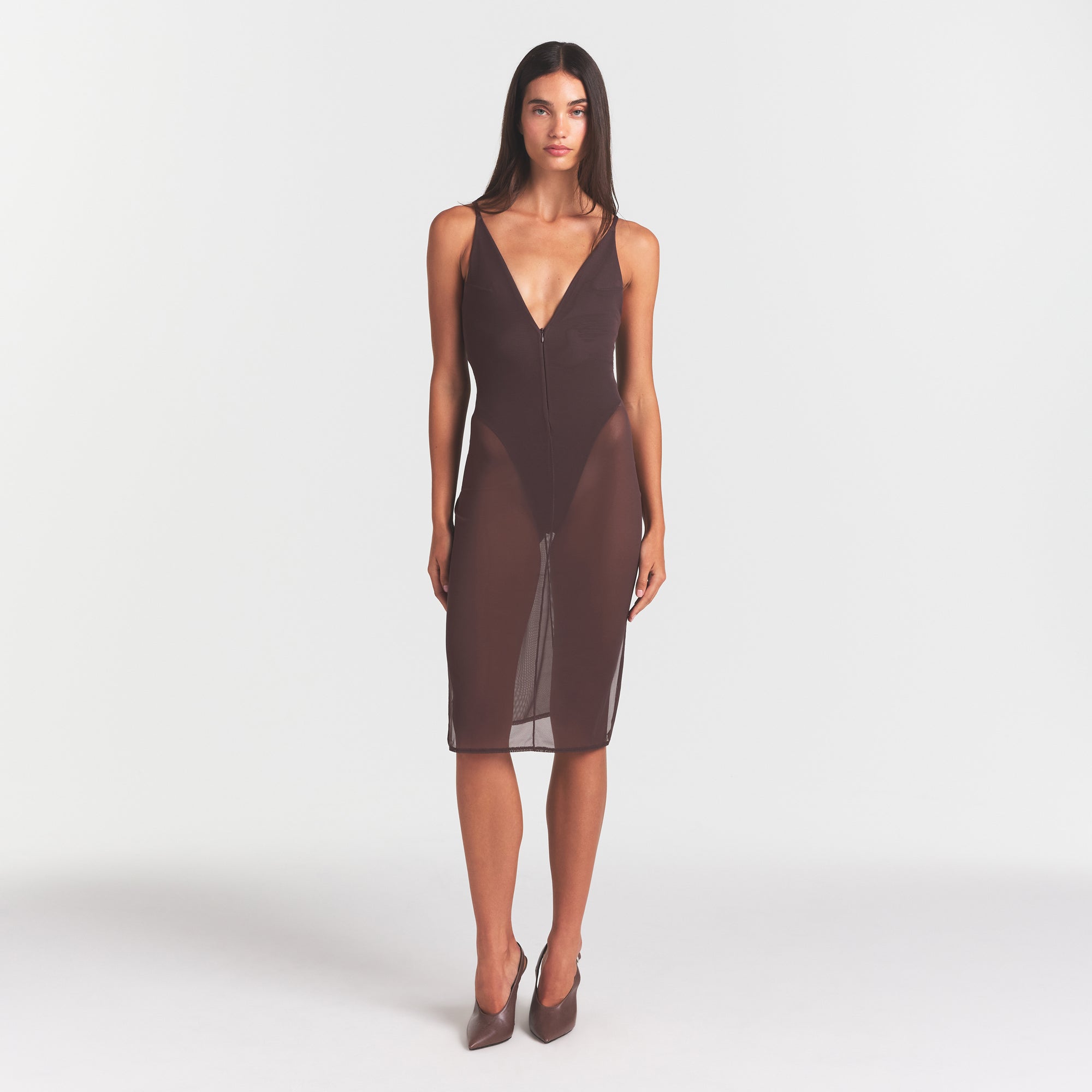 SKIMS BODY MESH PLUNGE MIDI DRESS | RAISIN - Mind Türkiye