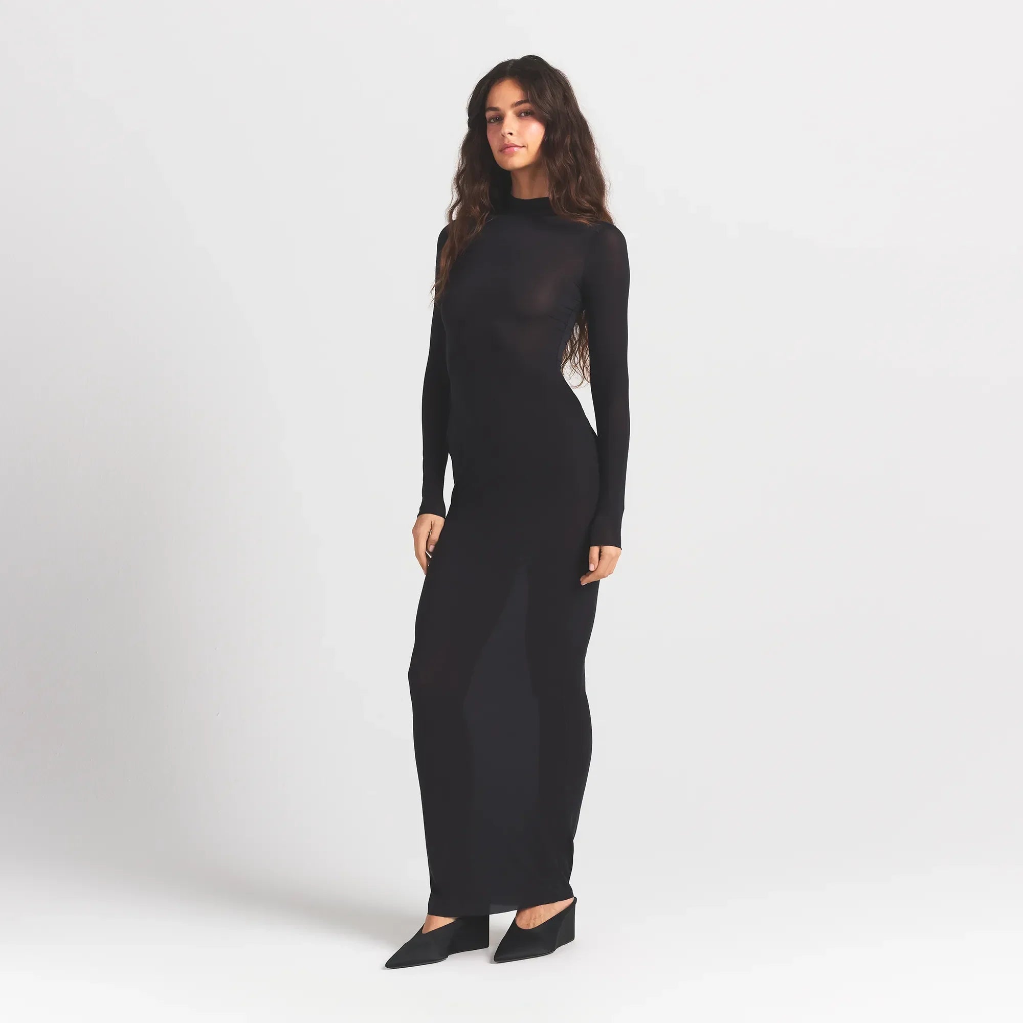 SKIMS MILKY SHEER MOCK NECK LONG SLEEVE LONG DRESS | OBSIDIAN - Mind Türkiye
