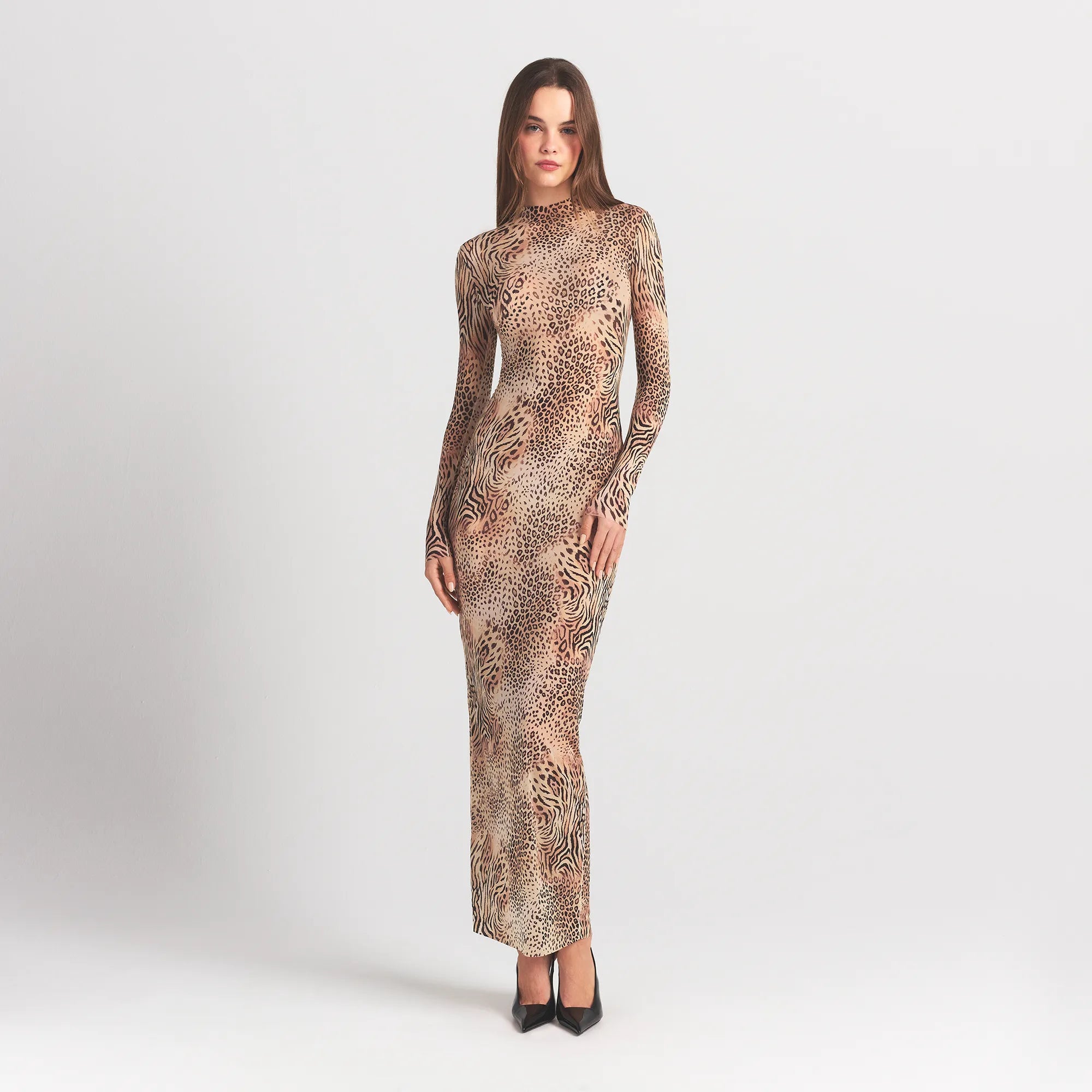 SKIMS MILKY SHEER MOCK NECK LONG SLEEVE LONG DRESS | SAND MULTI ANIMAL