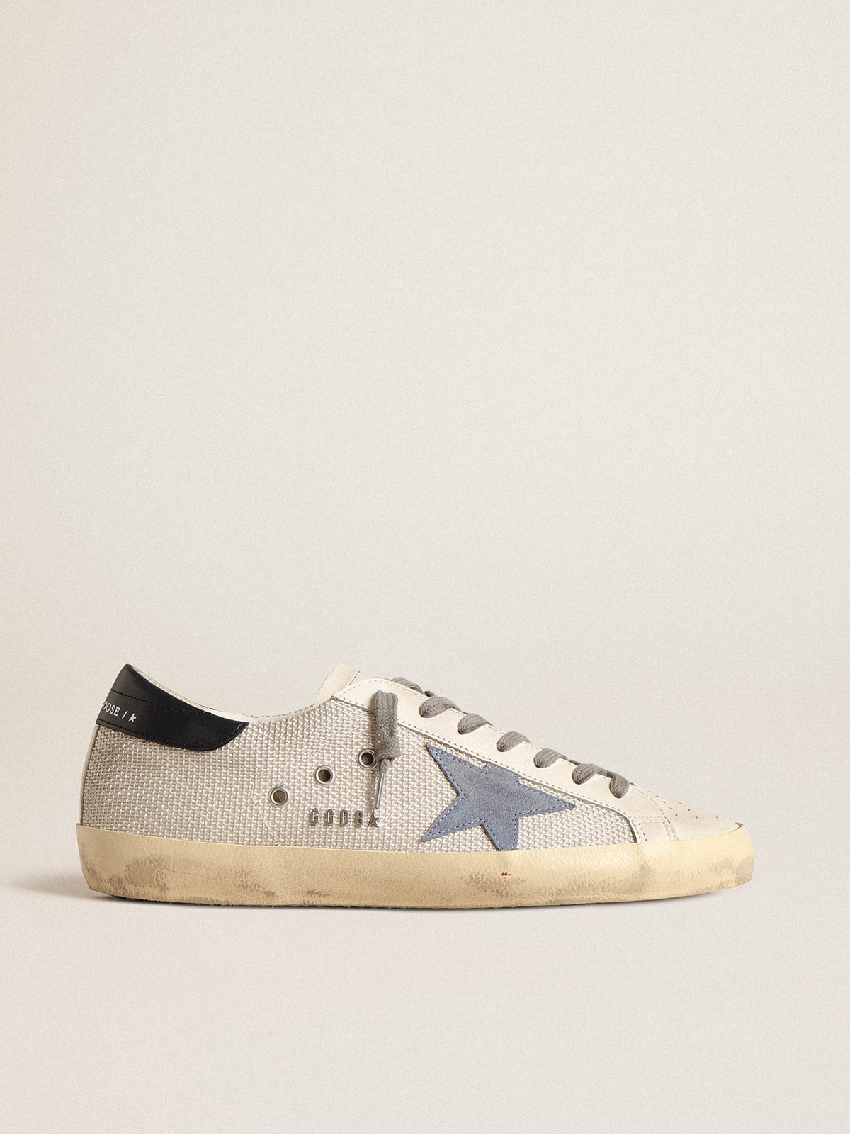 Golden Goose Super-Star In Pale Silver Mesh With Light Blue Suede Star