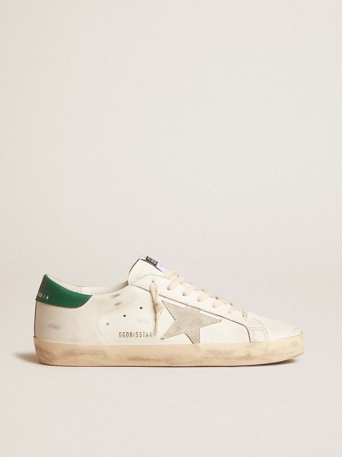 Golden Goose Super-Star In White Leather With Ice-Gray Suede Star And Green Leather Heel Tab