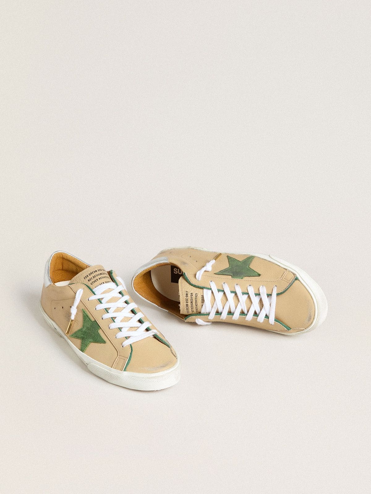 Golden Goose Super-Star LTD In Beige Leather With Green Suede Star And Silver Foiled Leather Heel Tab - Mind Türkiye