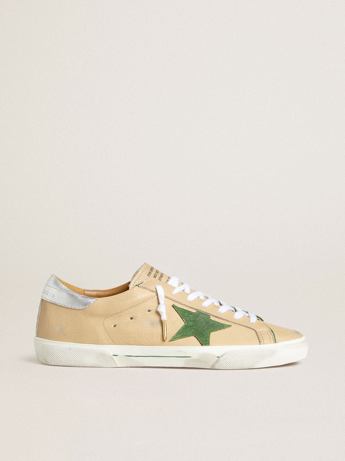 Golden Goose Super-Star LTD In Beige Leather With Green Suede Star And Silver Foiled Leather Heel Tab - Mind Türkiye