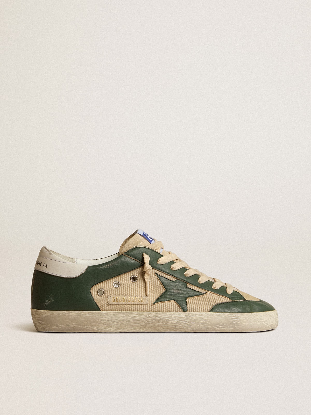 Golden Goose Men’s Super-Star In Cream Mesh And Green Nappa With Nappa Star