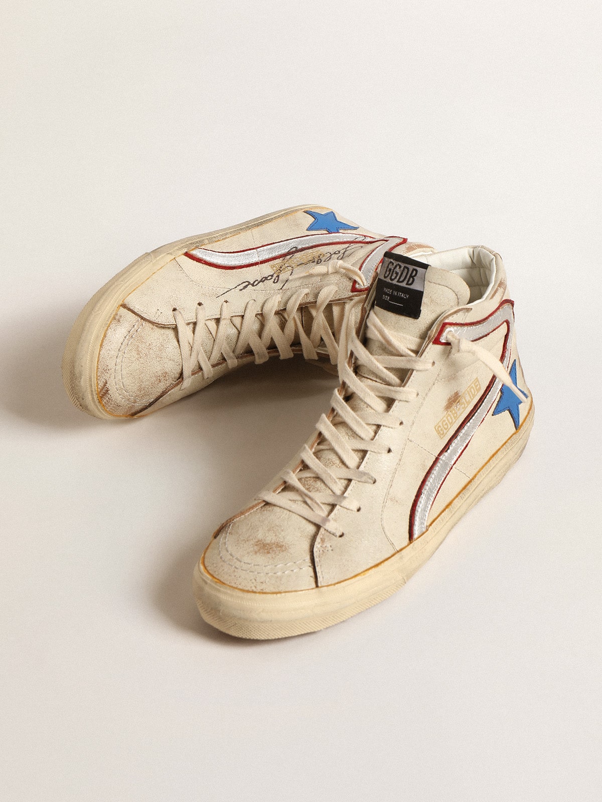 Golden Goose Men’s Slide With Light Blue Leather Star And Metallic Silver Leather Flash - Mind Türkiye