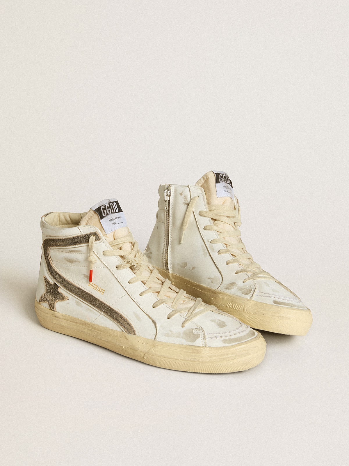 Golden Goose Men’s Slide LAB In White Leather With Star And Flash In Brown Suede - Mind Türkiye