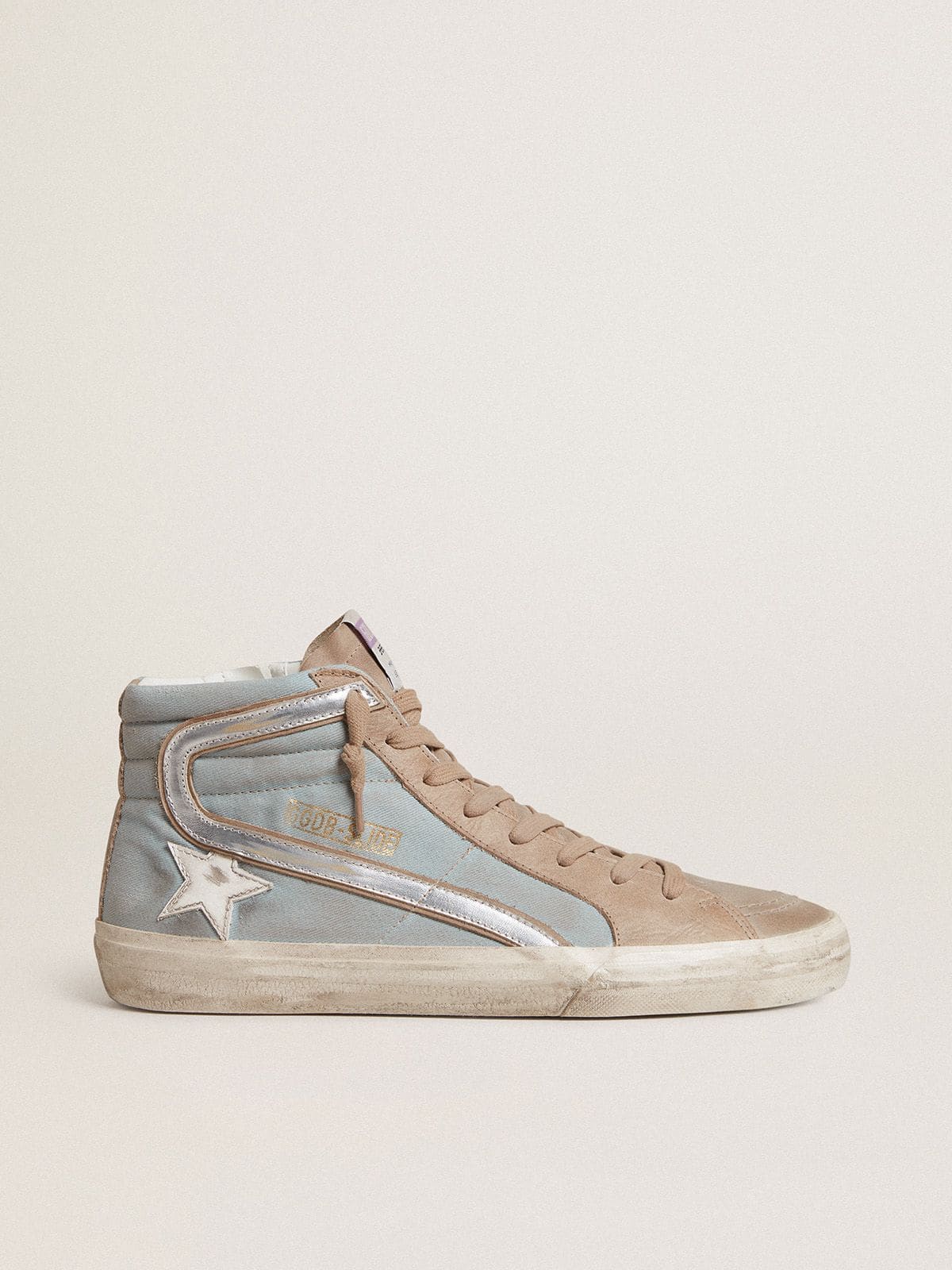 Golden Goose Men’s Slide In Light Blue Canvas With Silver Metallic Leather Flash