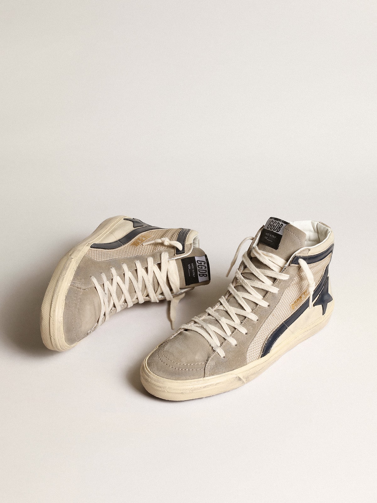 Golden Goose Slide In Beige Mesh And Nylon With Blue Leather Star And Flash - Mind Türkiye