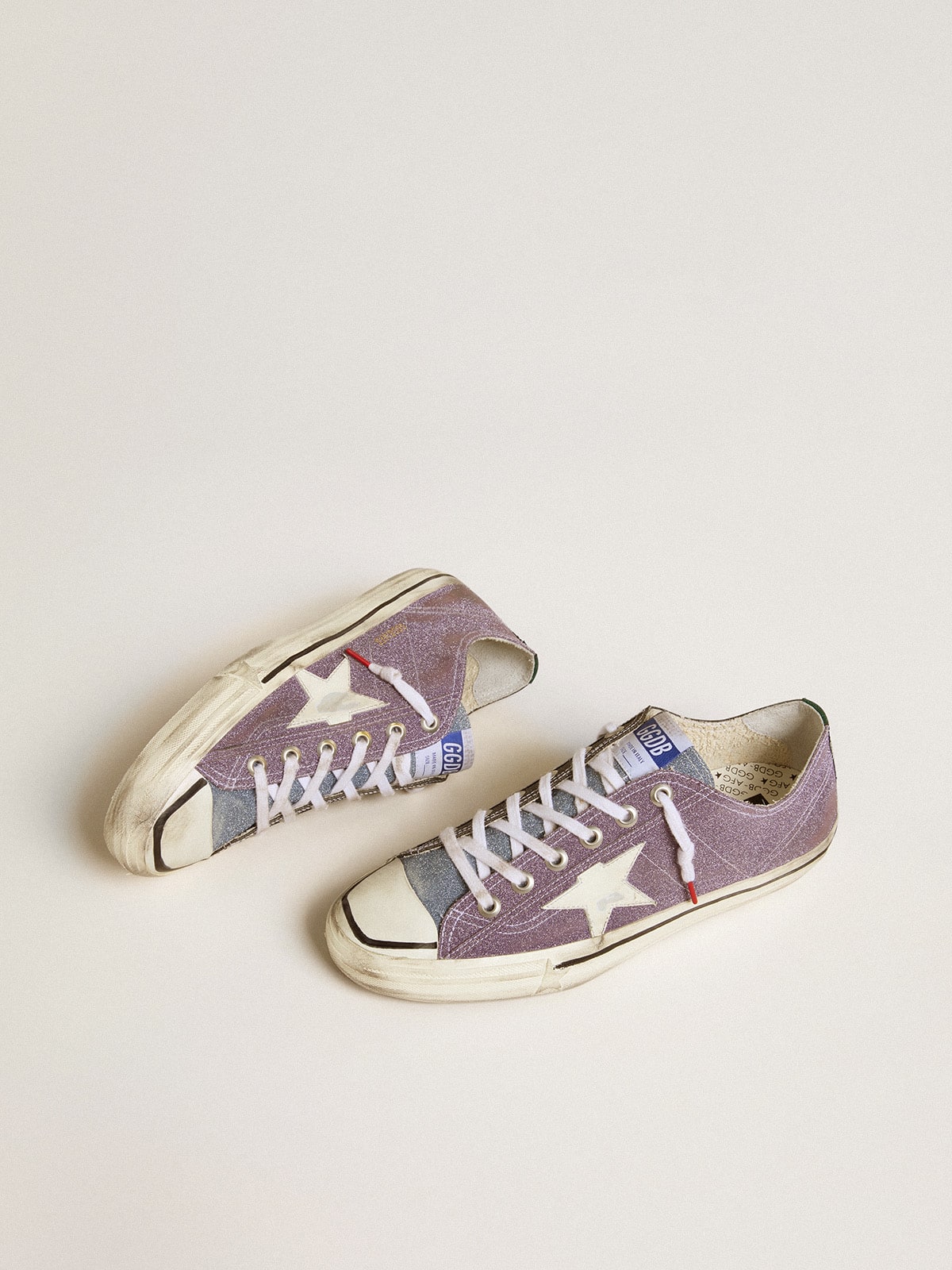 Golden Goose Men’s V-Star Lab In Lilac Leather And Glitter With White Star And Silver Glitter Tongue - Mind Türkiye