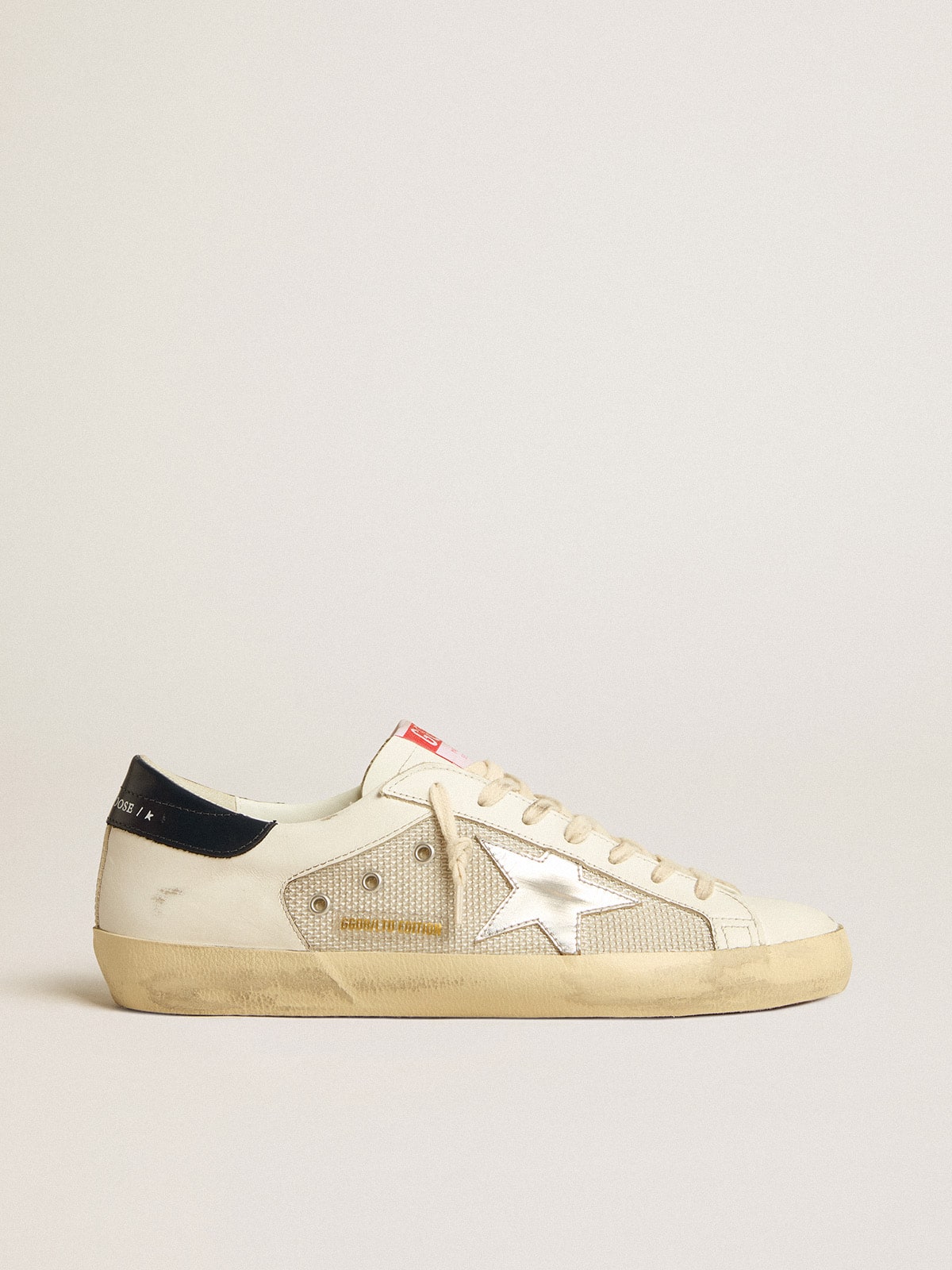 Golden Goose Men’s Super-Star LTD In Mesh And Leather With Silver Star And Blue Heel Tab