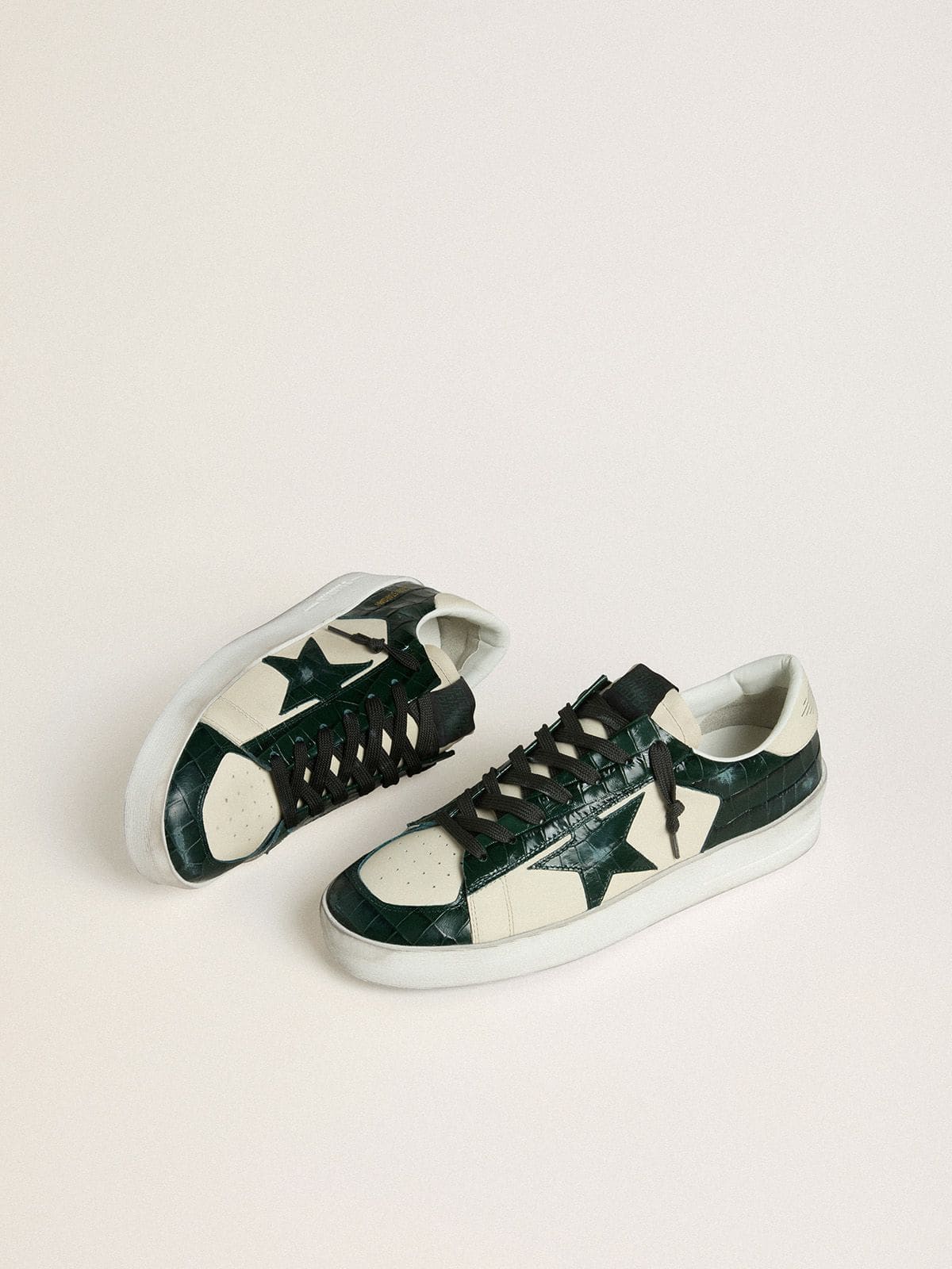Golden Goose Men’s Stardan LTD In Cream Leather With Green Crocodile-Print Leather Star And Inserts - Mind Türkiye