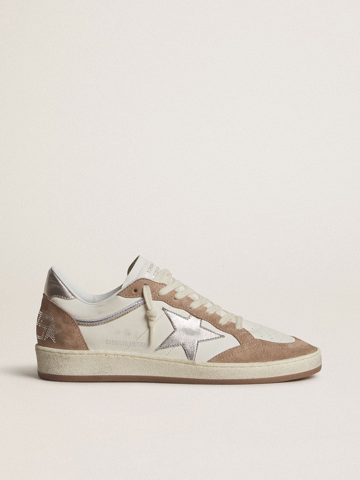 Golden Goose Ball Star LTD In White Nappa Leather And Old Rose Suede With Metallic Silver Leather Star And Heel Tab