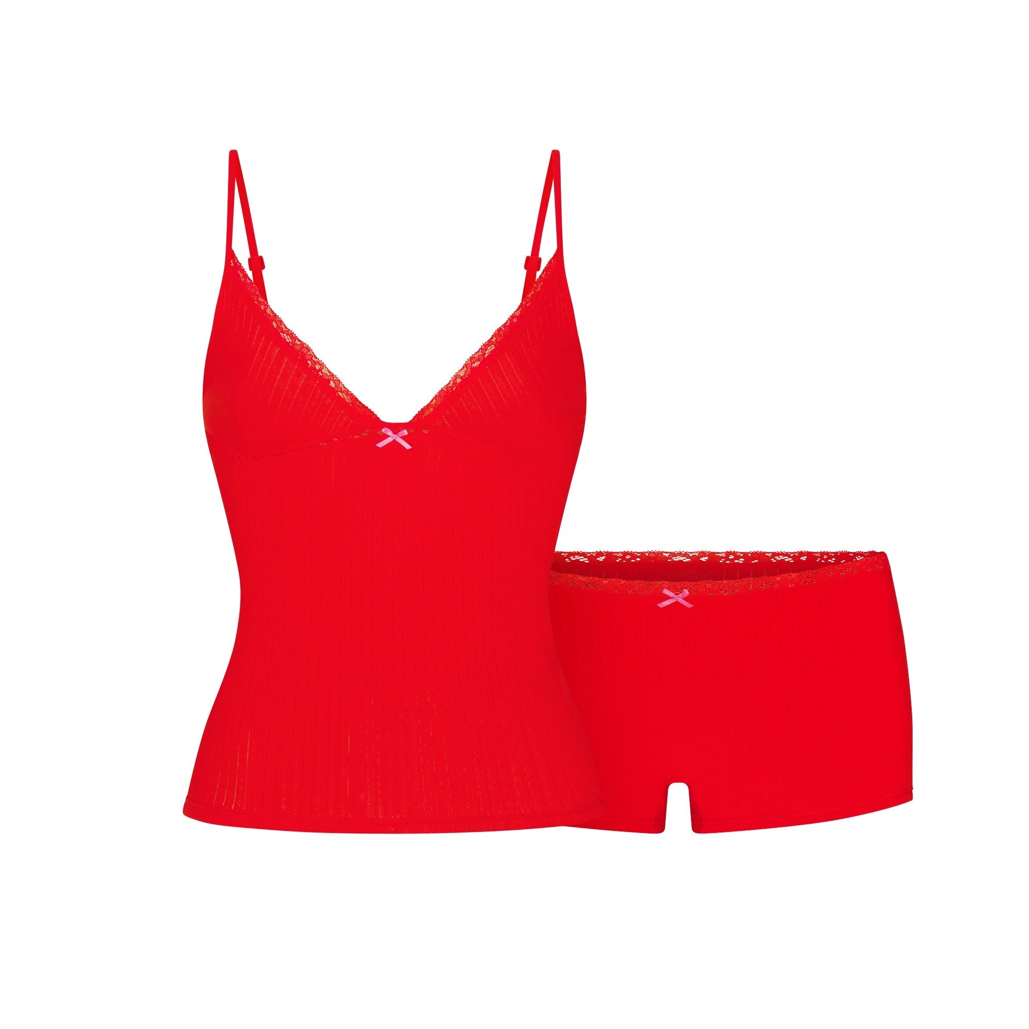 SKIMS LIGHTWEIGHT COTTON POINTELLE LACE CAMI AND BOY SHORT SET | RUBY TONAL