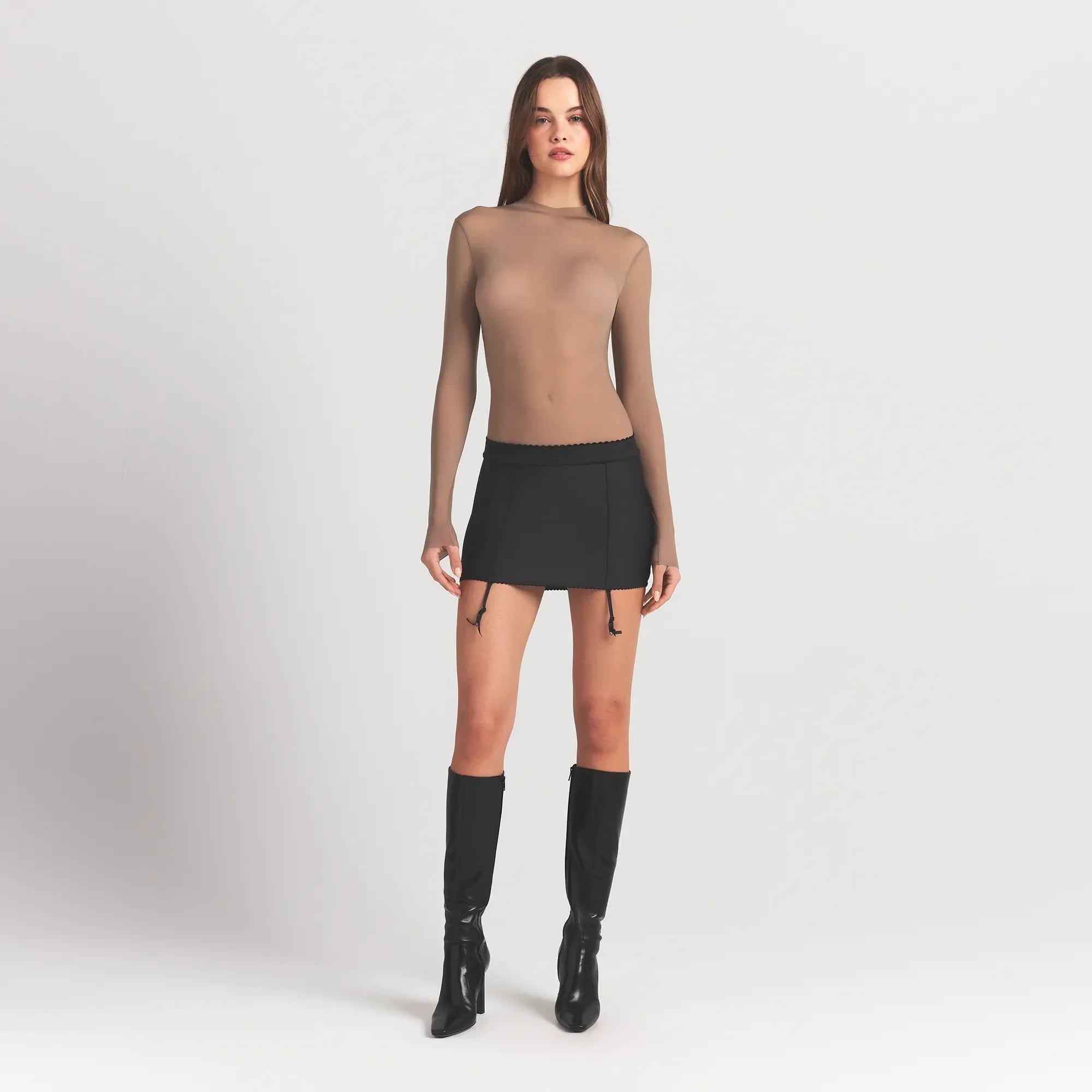 SKIMS MILKY SHEER MOCK NECK LONG SLEEVE BODYSUIT | TRUFFLE - Mind Türkiye