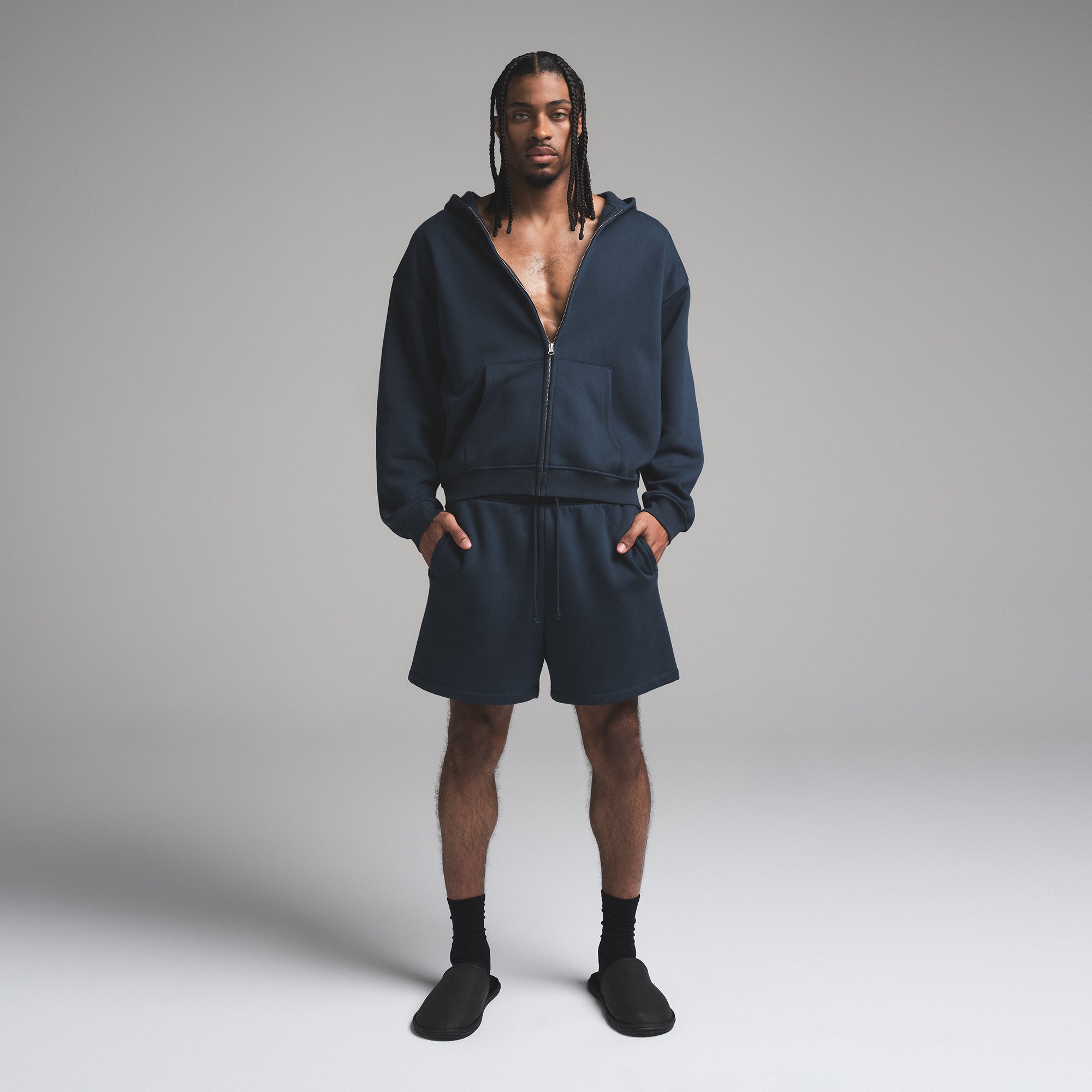 SKIMS FLEECE LOUNGE MENS RELAXED ZIP UP HOODIE | NAVY - Mind Türkiye