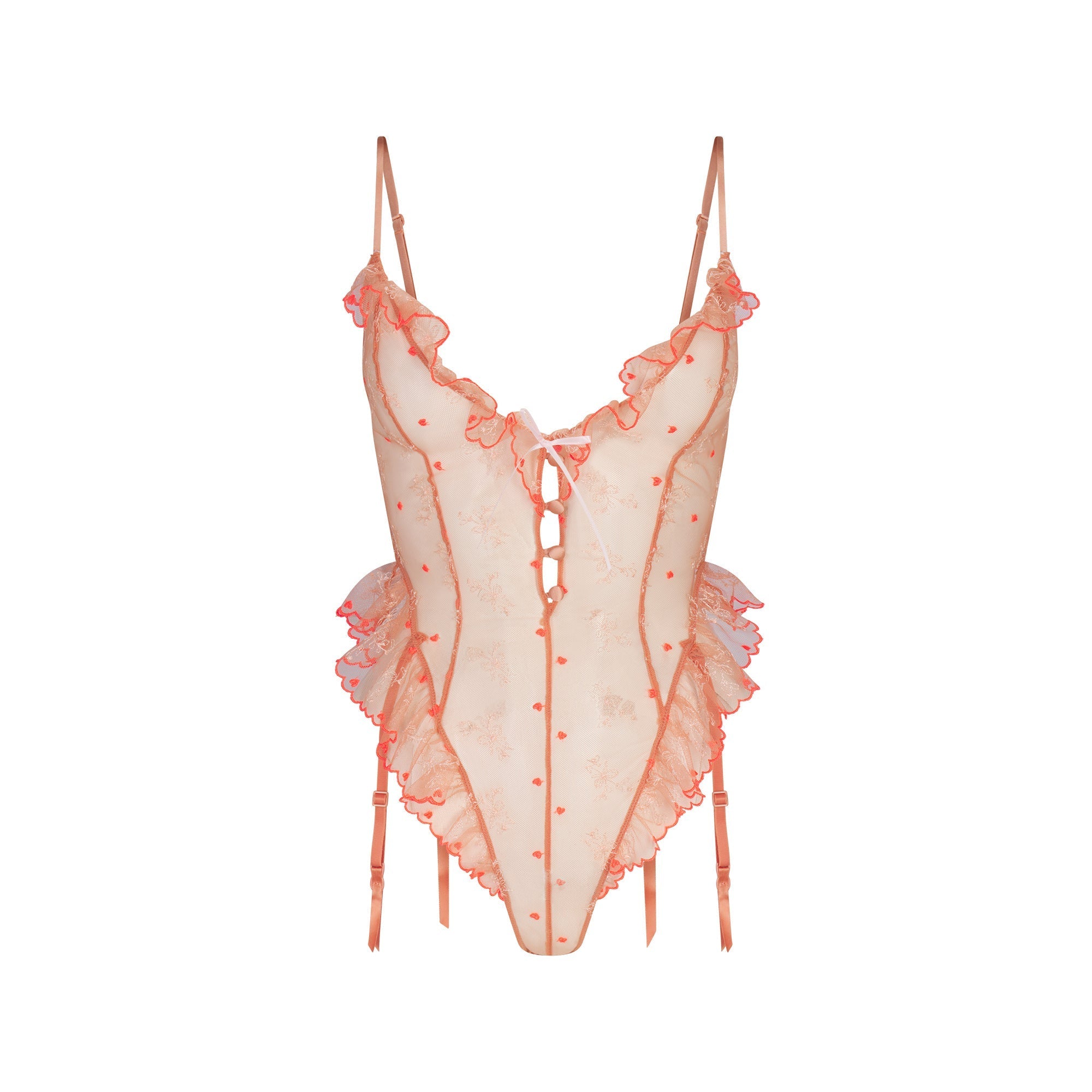 SKIMS EMBROIDERED TULLE GARTER TEDDY | GUAVA HEART TULLE