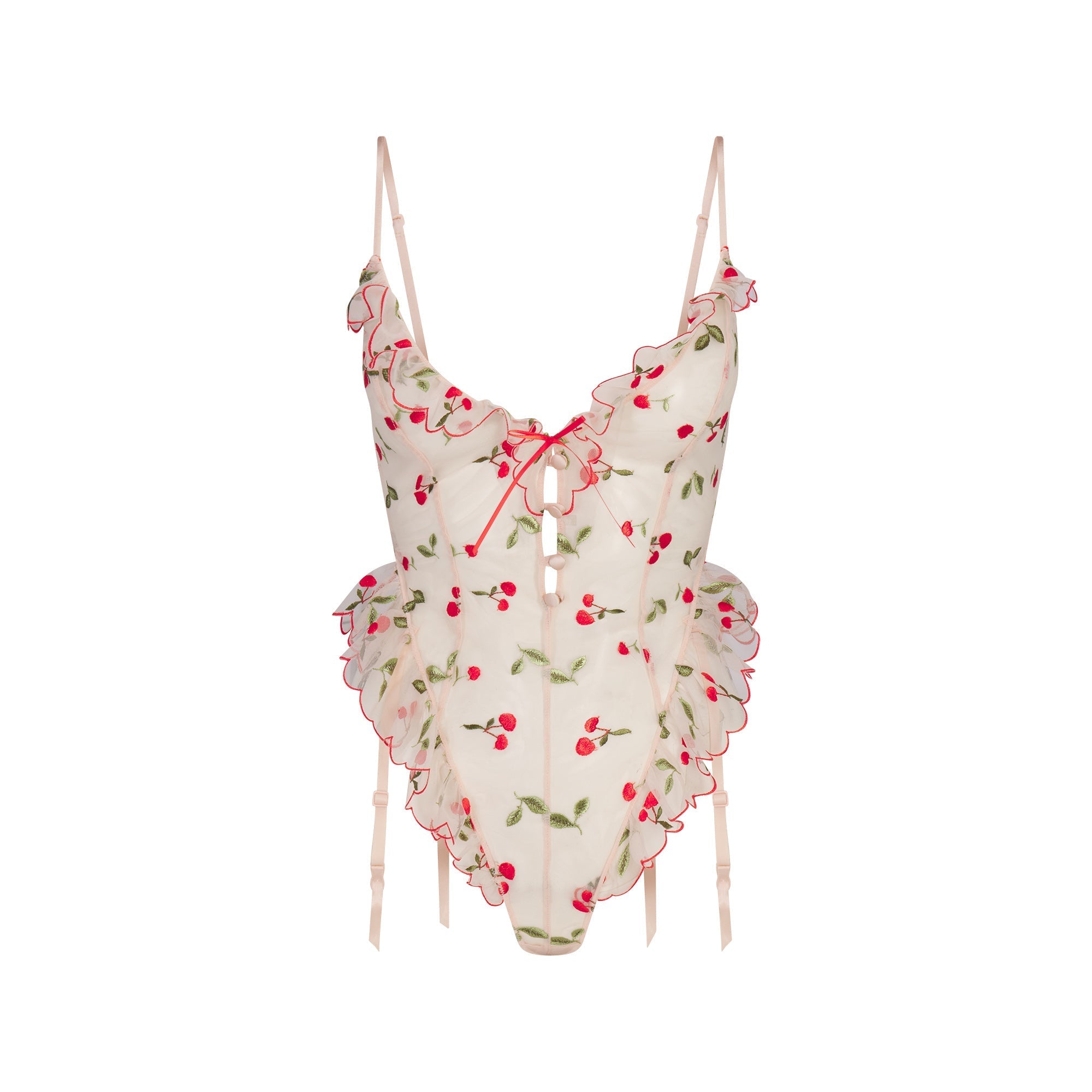 SKIMS EMBROIDERED TULLE GARTER TEDDY | PRIMROSE CHERRY TULLE