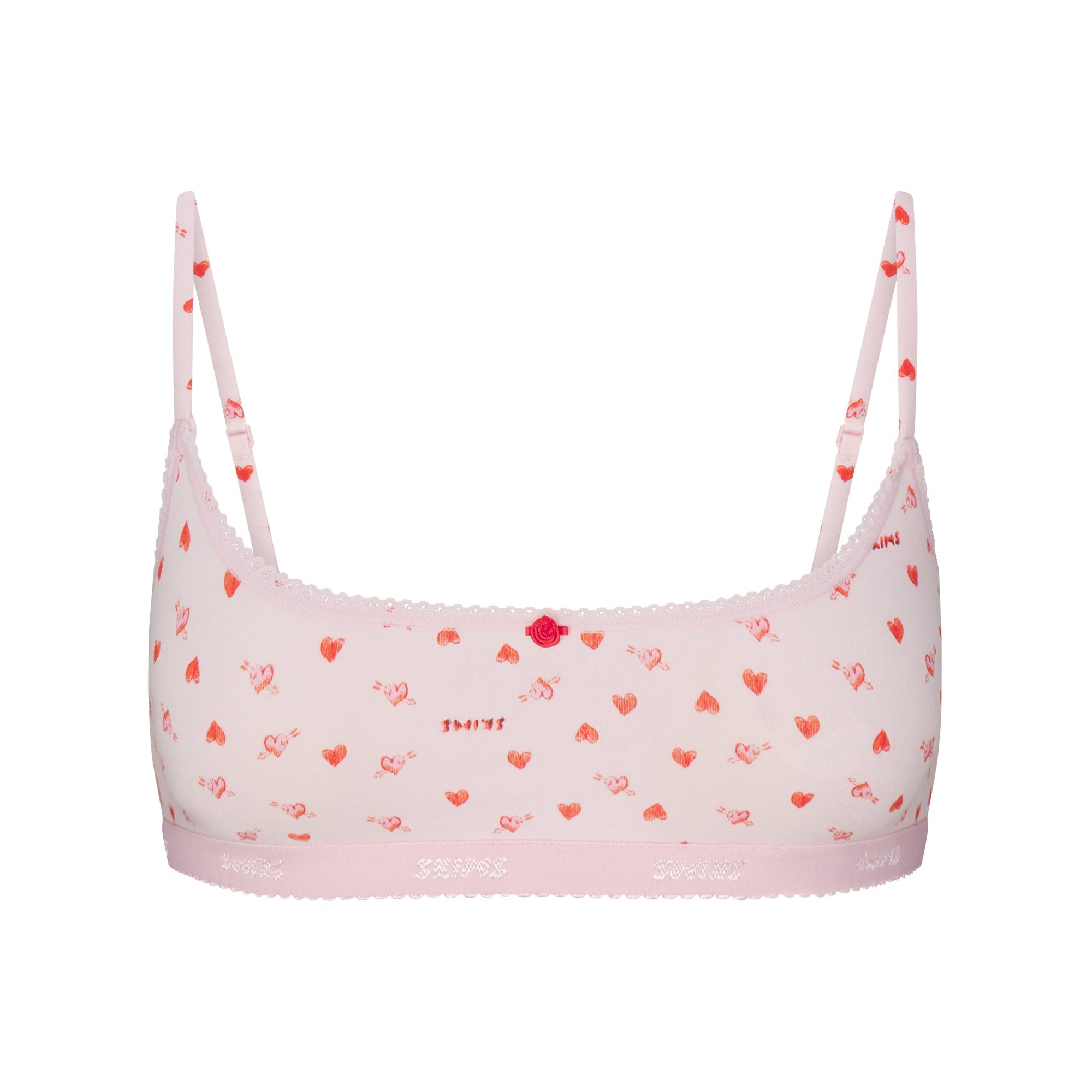 SKIMS LIGHTWEIGHT COTTON LOGO PICOT SCOOP BRALETTE | BABY PINK ARROWED HEARTS - Mind Türkiye
