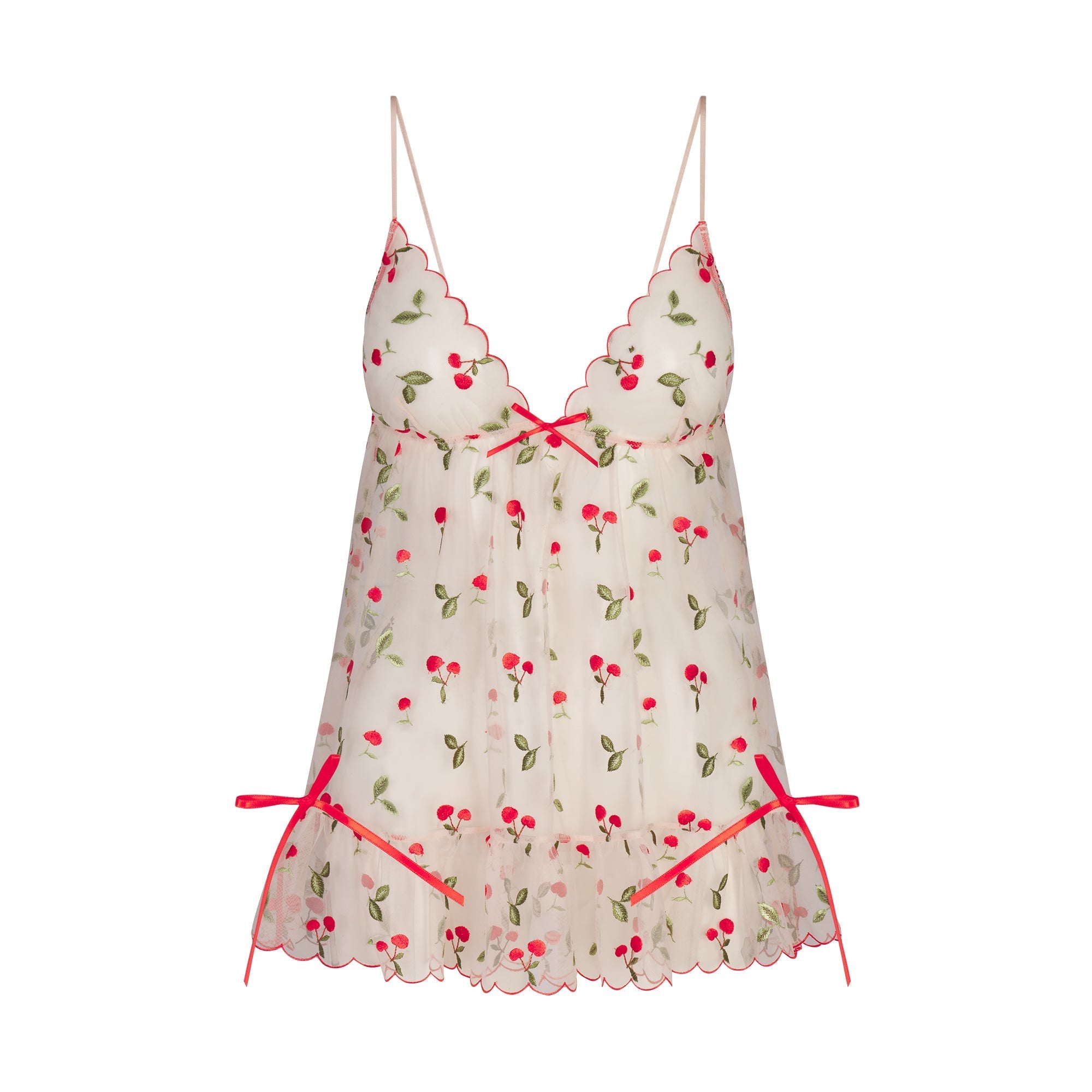 SKIMS EMBROIDERED TULLE MINI SLIP DRESS AND TANGA SET | PRIMROSE CHERRY TULLE