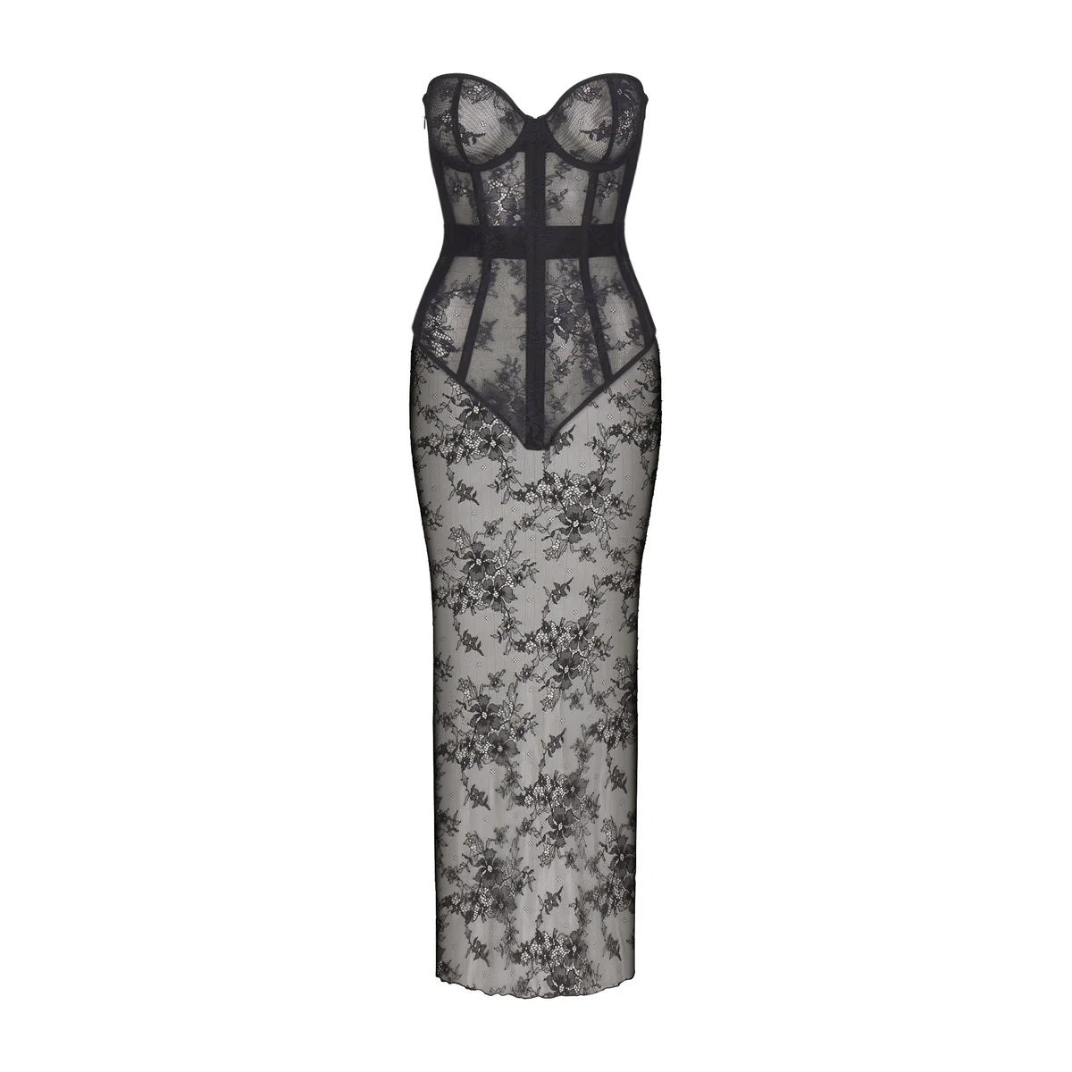 SKIMS ULTRA FINE LACE STRAPLESS CORSET LONG DRESS | ONYX