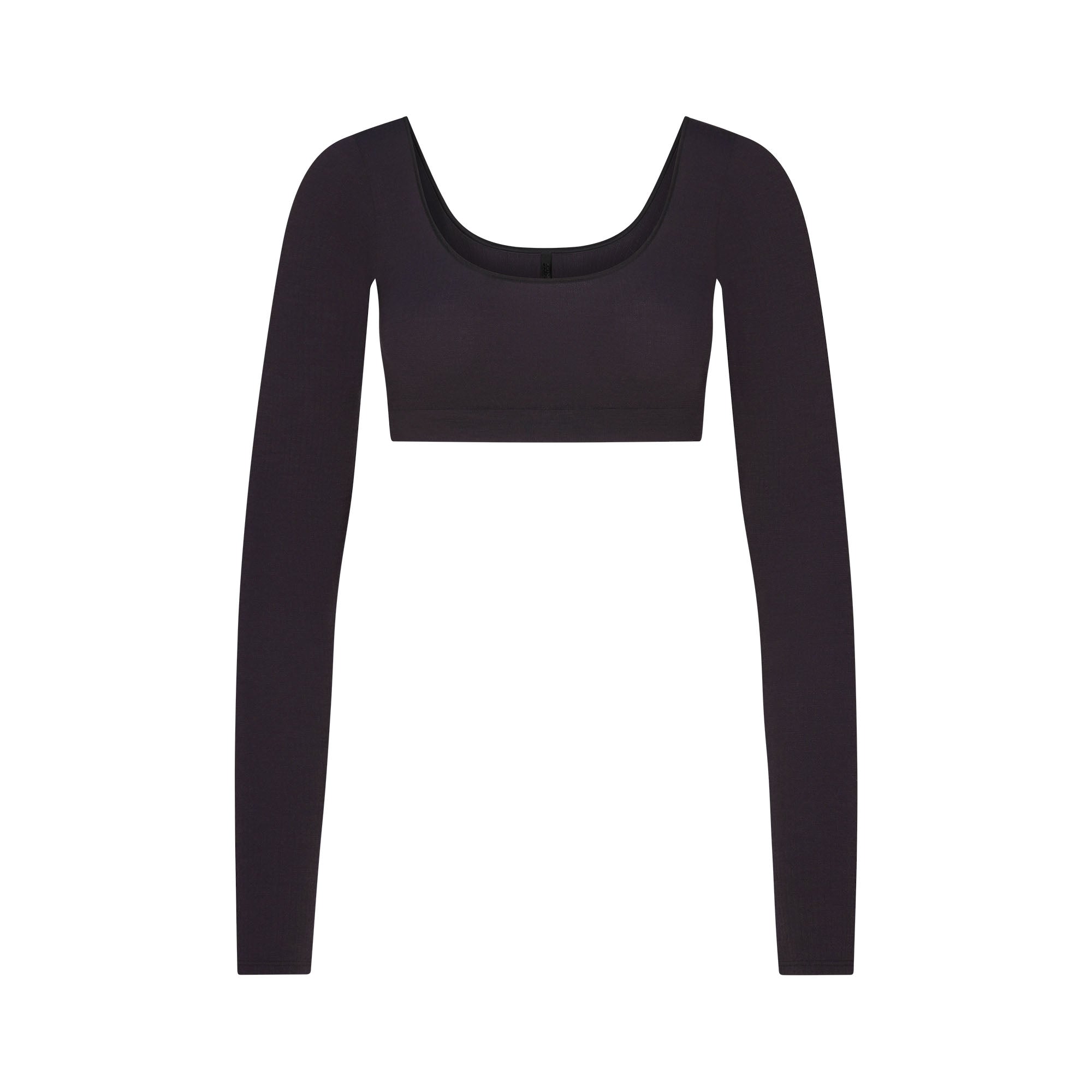 SKIMS WOOL RIB LONG SLEEVE SUPER CROPPED TOP | OBSIDIAN