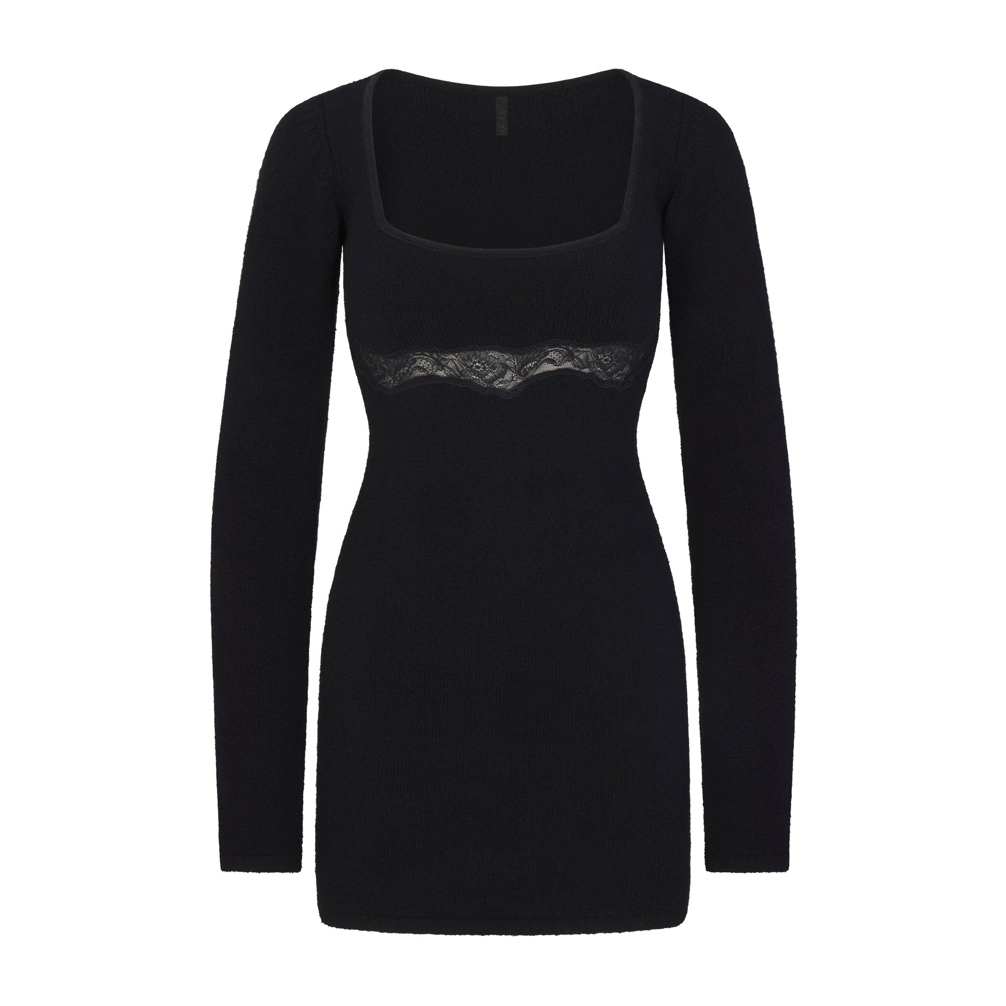 SKIMS LACE KNIT LONG SLEEVE MINI DRESS | OBSIDIAN
