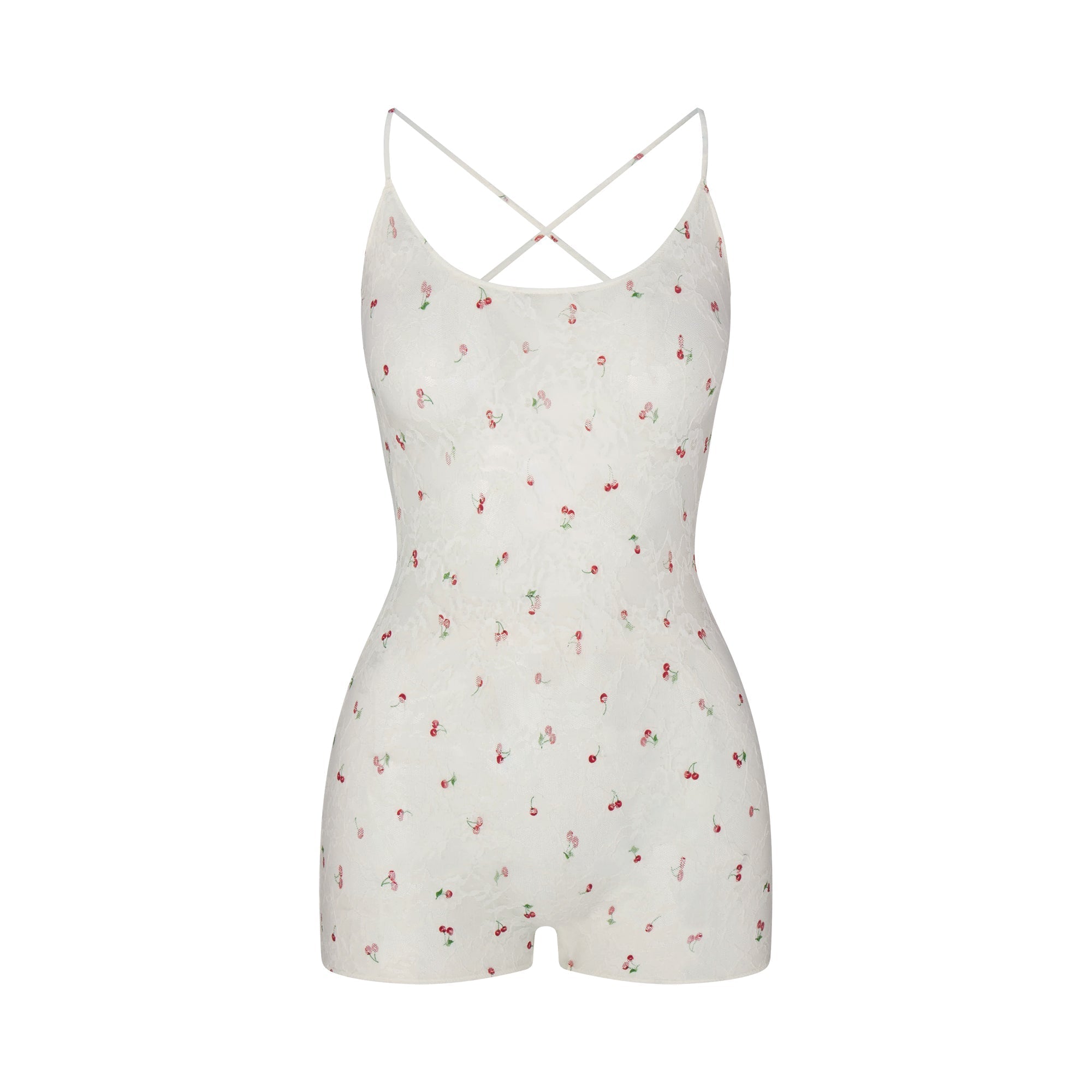 SKIMS STRETCH LACE LOW BACK ONESIE | IVORY CHERRY PRINT