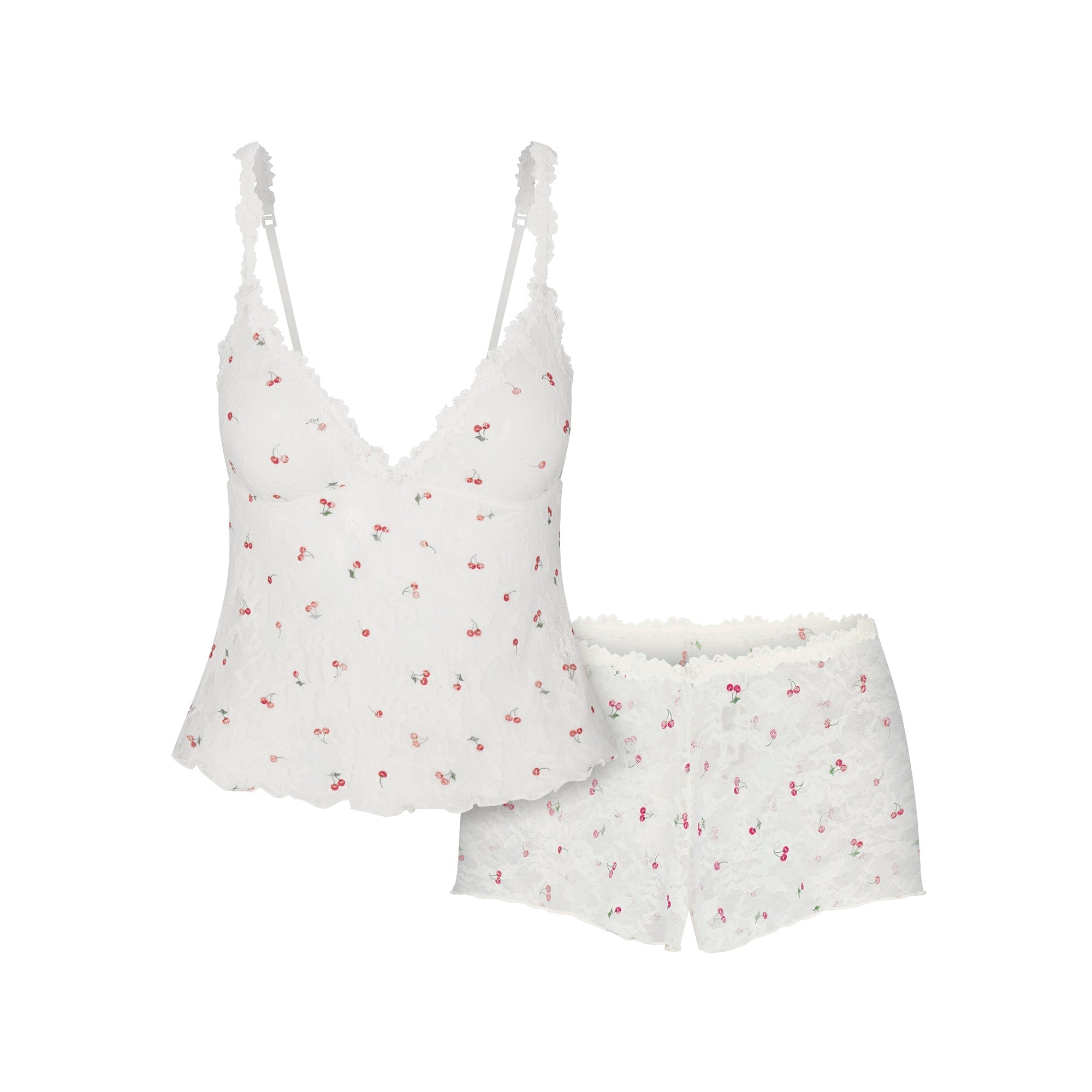 SKIMS STRETCH LACE TRIANGLE CAMI AND SHORT SET | IVORY CHERRY PRINT