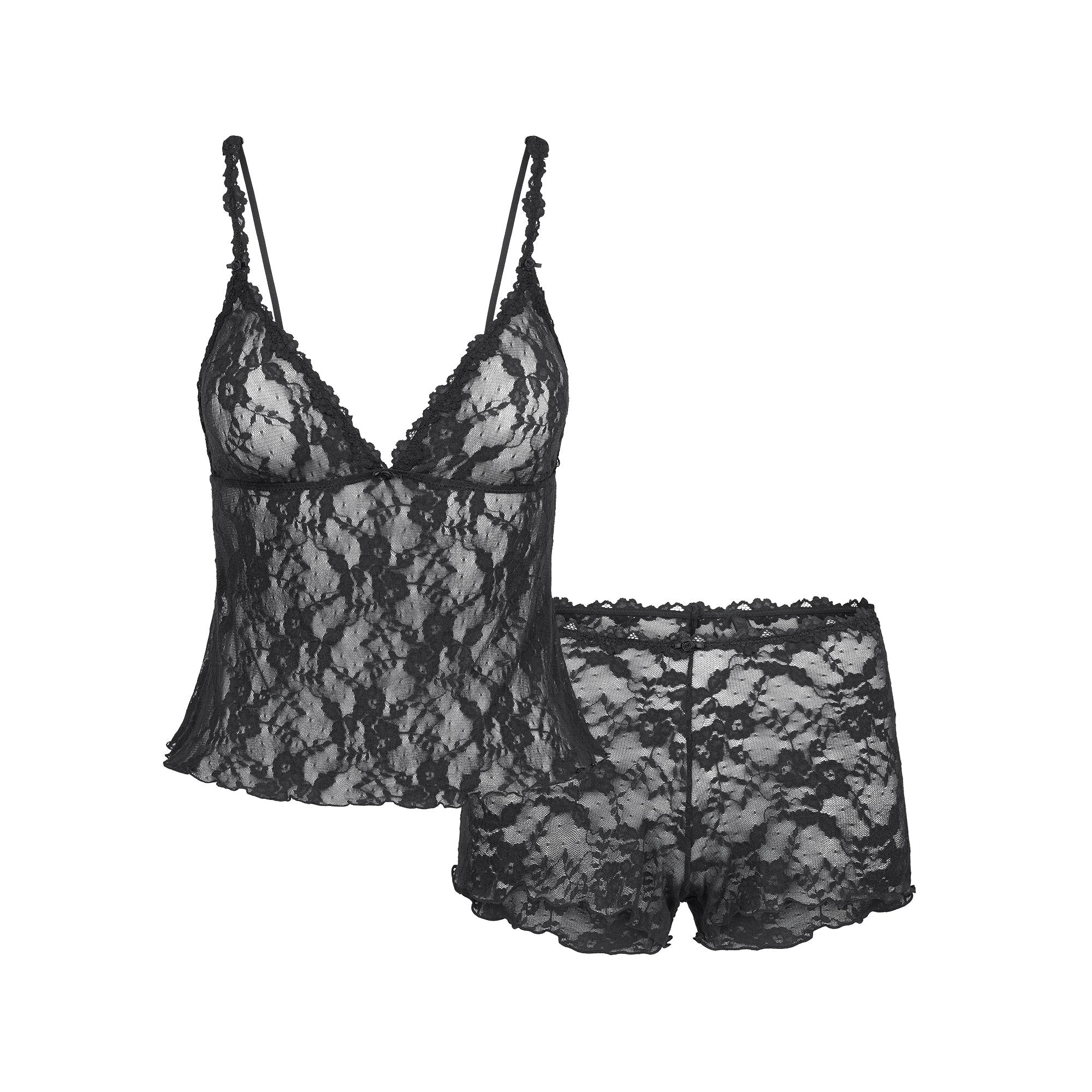 SKIMS STRETCH LACE TRIANGLE CAMI AND SHORT SET | SOOT