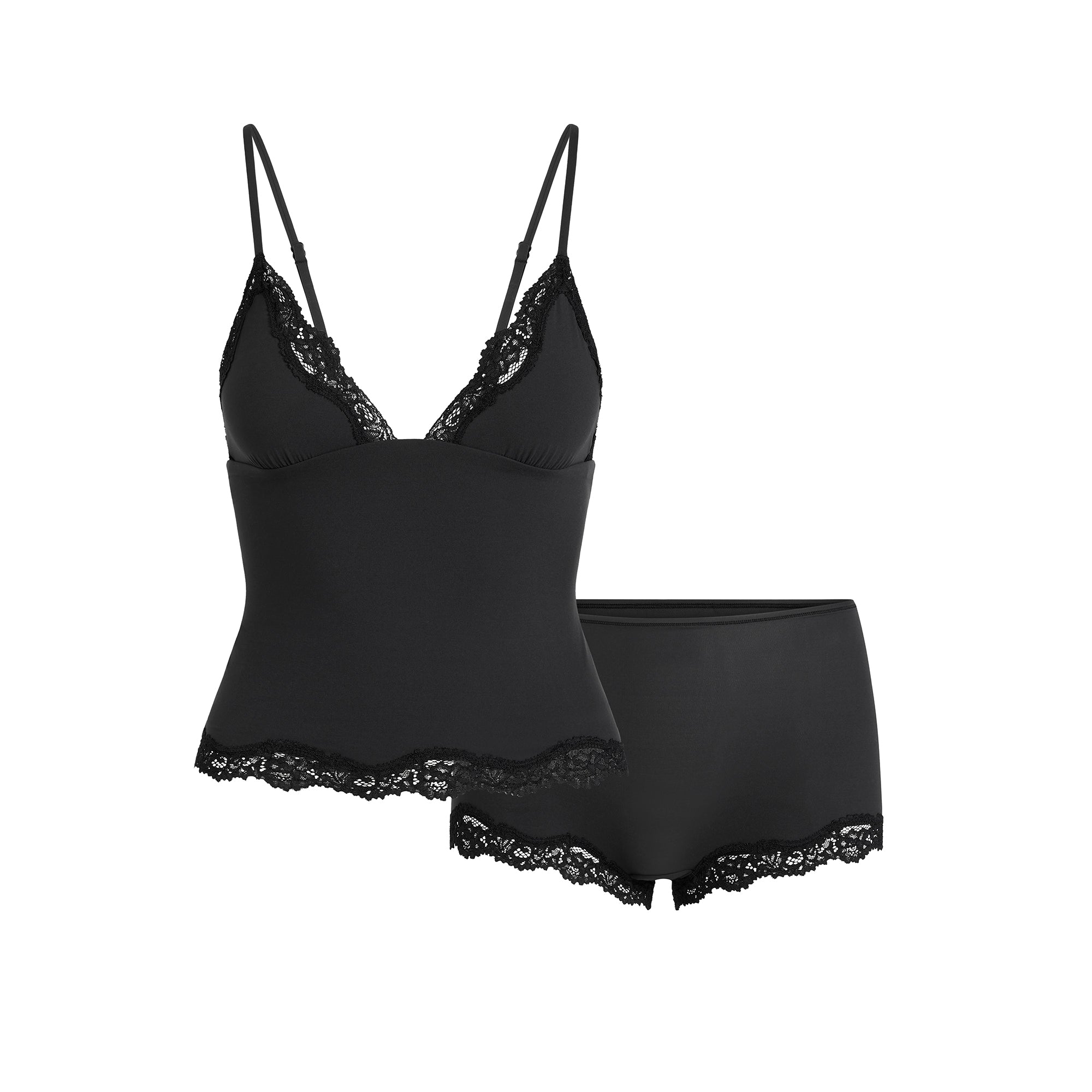 SKIMS FITS EVERYBODY LACE TRIANGLE CAMI AND BOY SHORT SET | ONYX