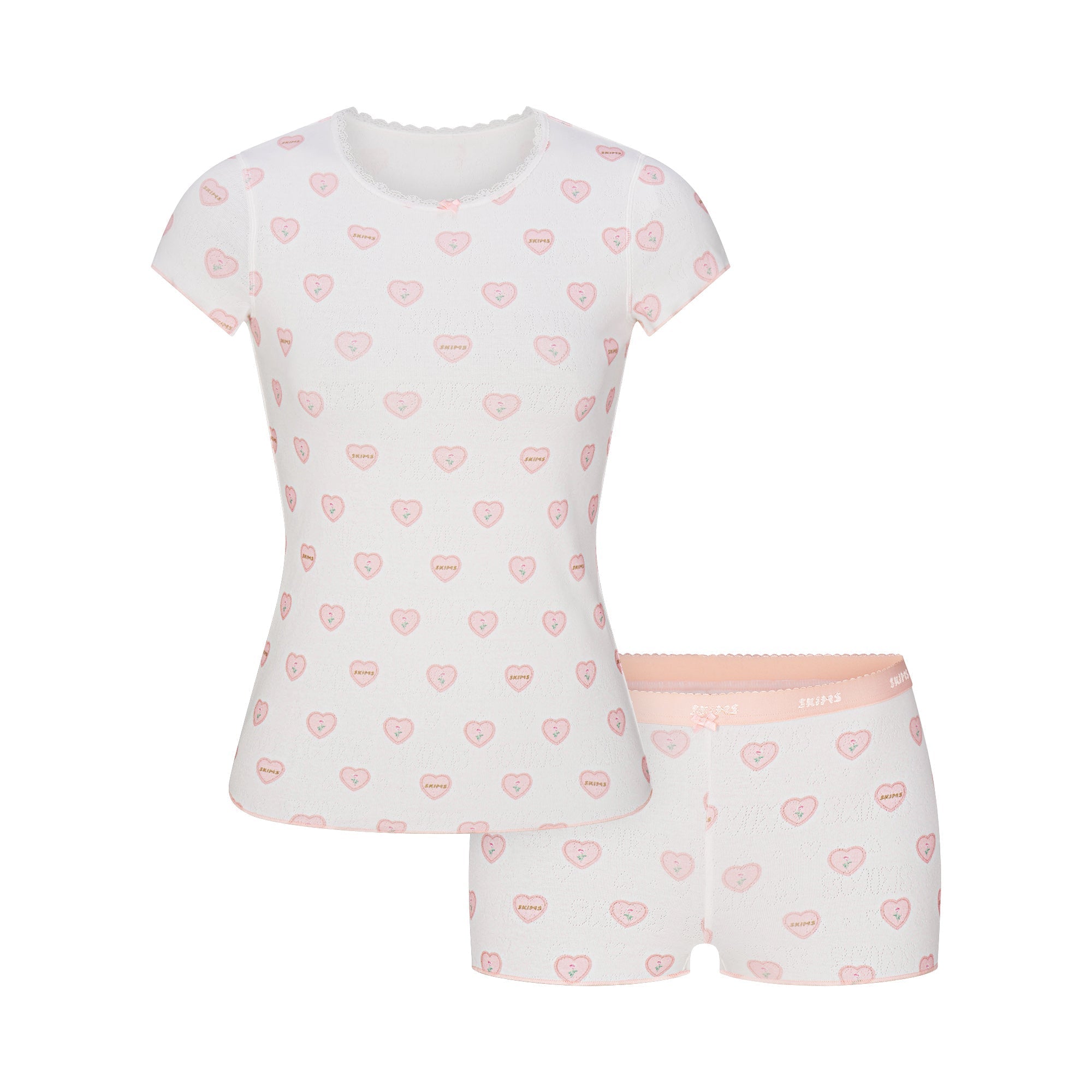 SKIMS LOGO POINTELLE BABY TEE AND MICRO SHORT SET | SNOW LACE HEARTS - Mind Türkiye