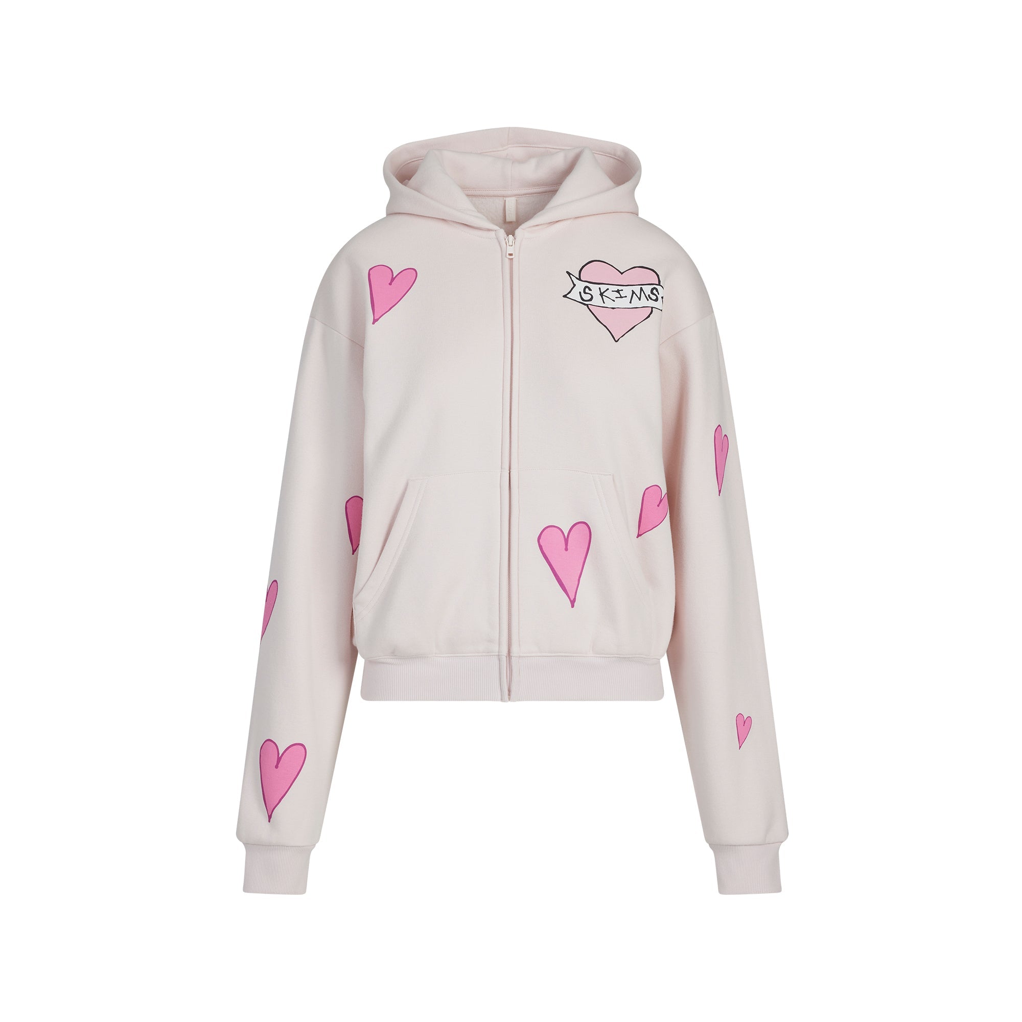 SKIMS COTTON FLEECE CLASSIC ZIP UP HOODIE | BARELY PINK HEART