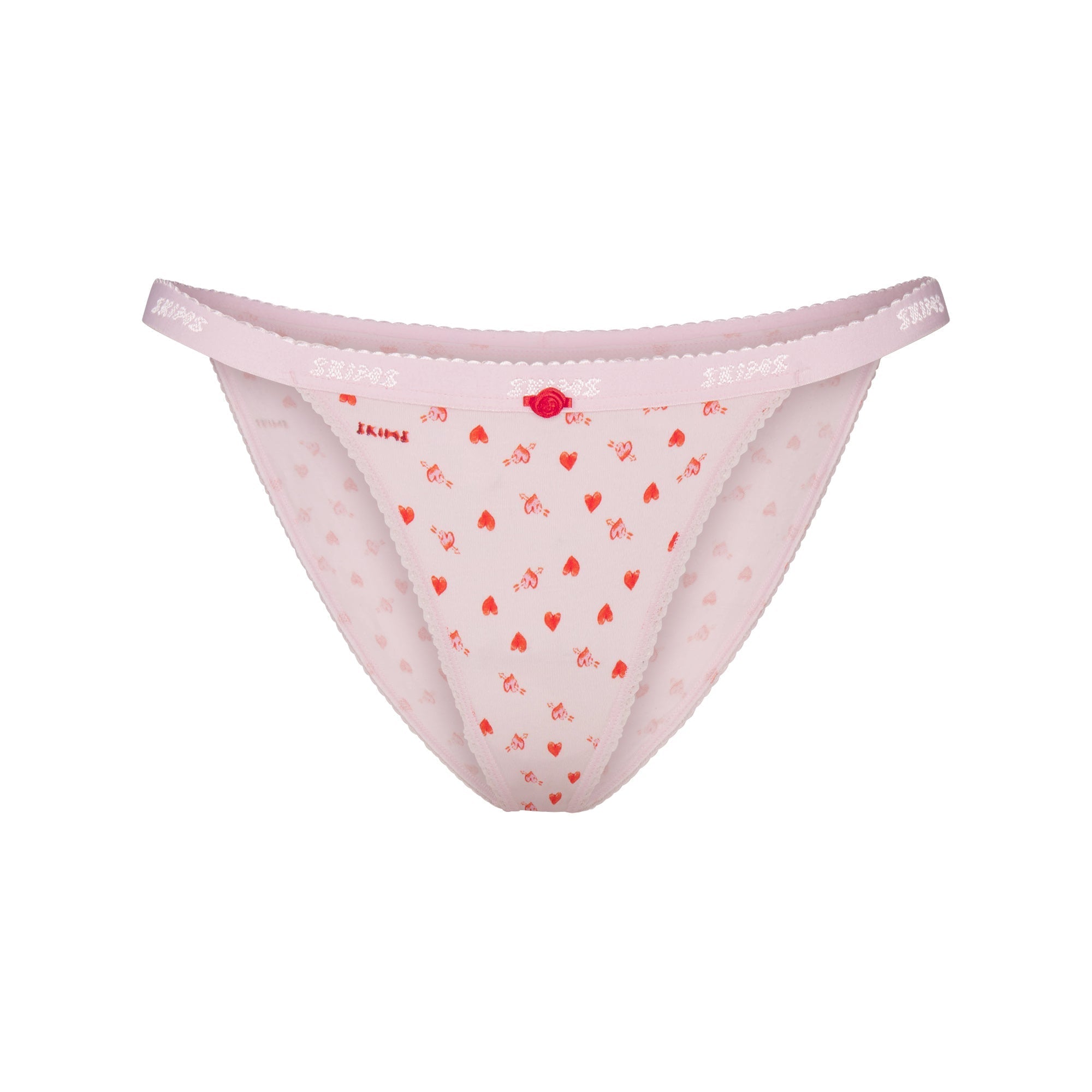 SKIMS LIGHTWEIGHT COTTON LOGO PICOT STRING BIKINI | BABY PINK ARROWED HEARTS - Mind Türkiye