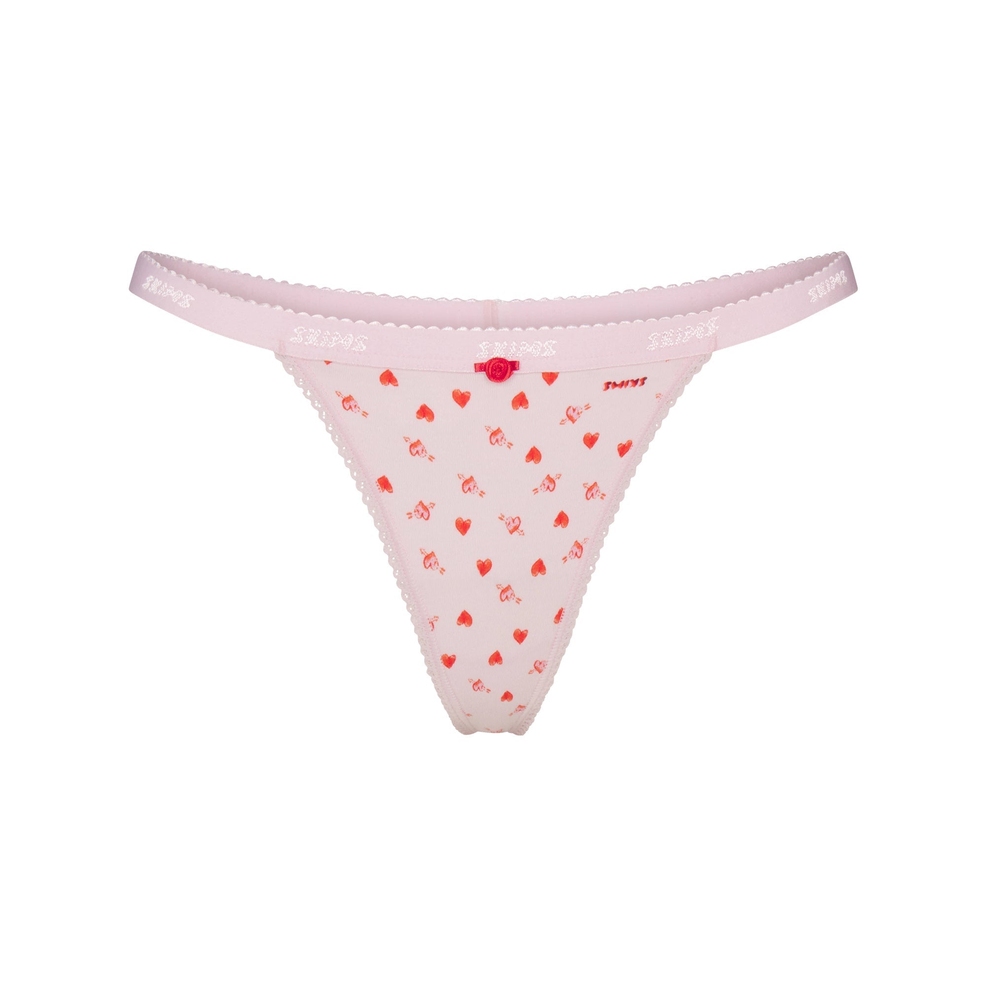 SKIMS LIGHTWEIGHT COTTON LOGO PICOT THONG | BABY PINK ARROWED HEARTS - Mind Türkiye