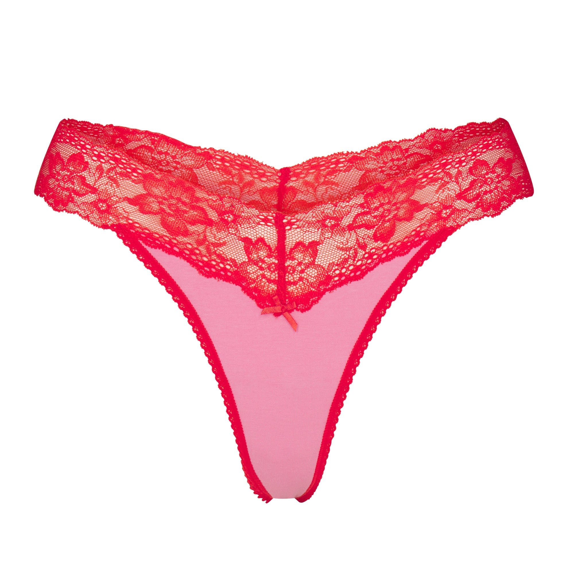 SKIMS LIGHTWEIGHT COTTON WIDE LACE THONG | CARNATION CONTRAST
