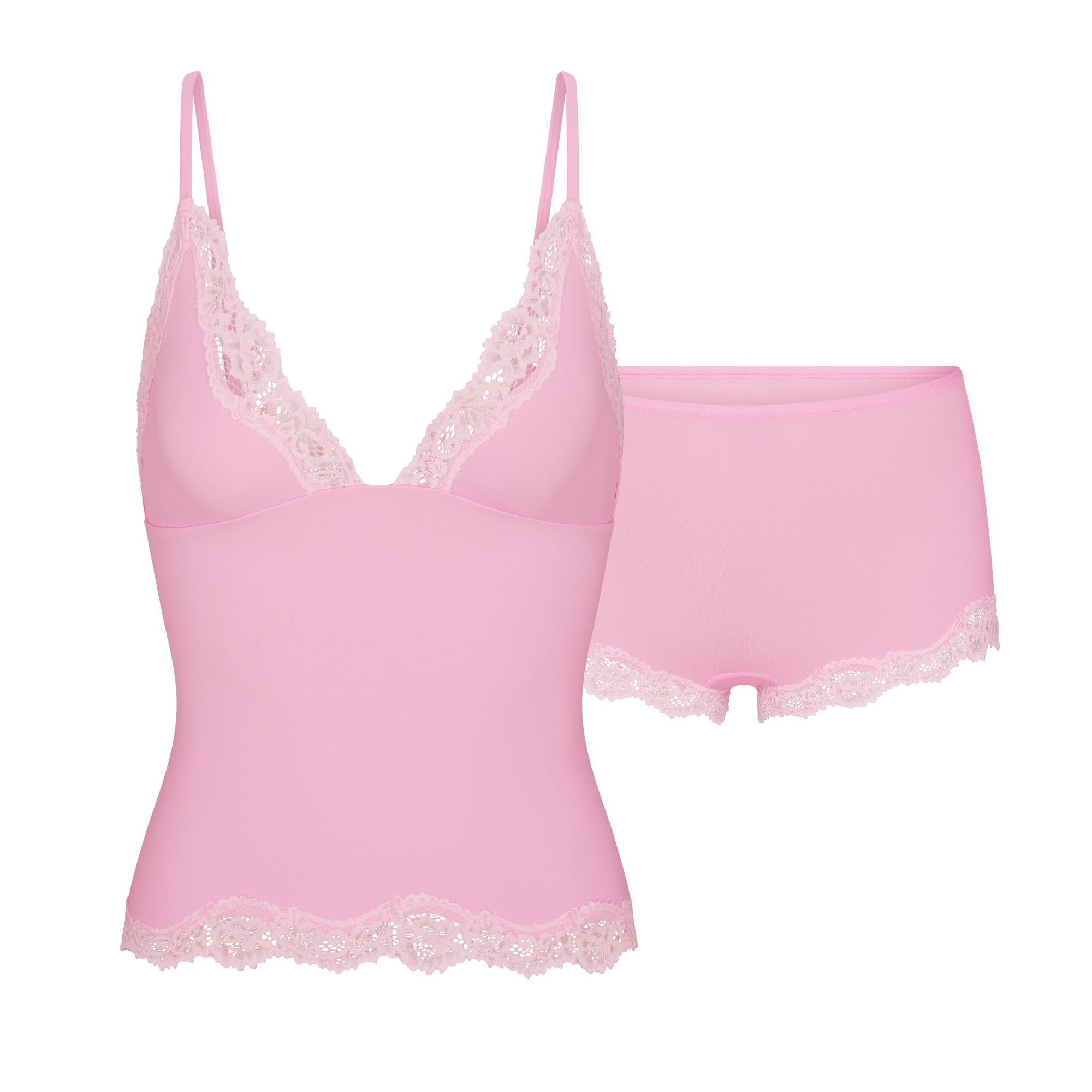 SKIMS FITS EVERYBODY LACE TRIANGLE CAMI AND BOY SHORT SET | BUBBLE GUM TONAL - Mind Türkiye