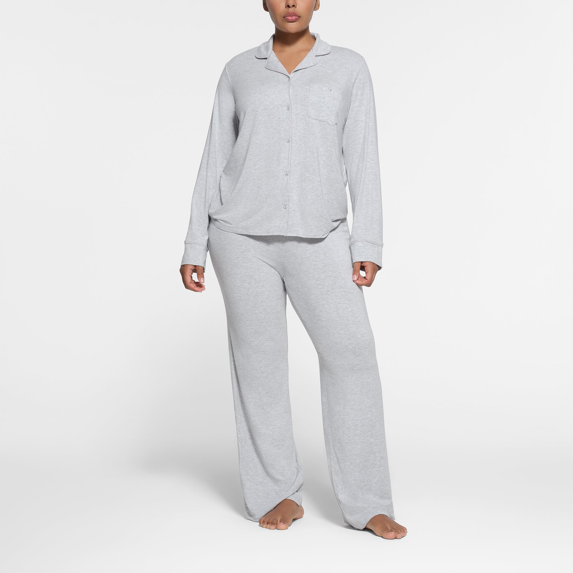 SKIMS SLEEP LONG SLEEVE BUTTON UP SET | LIGHT HEATHER GREY - Mind Türkiye