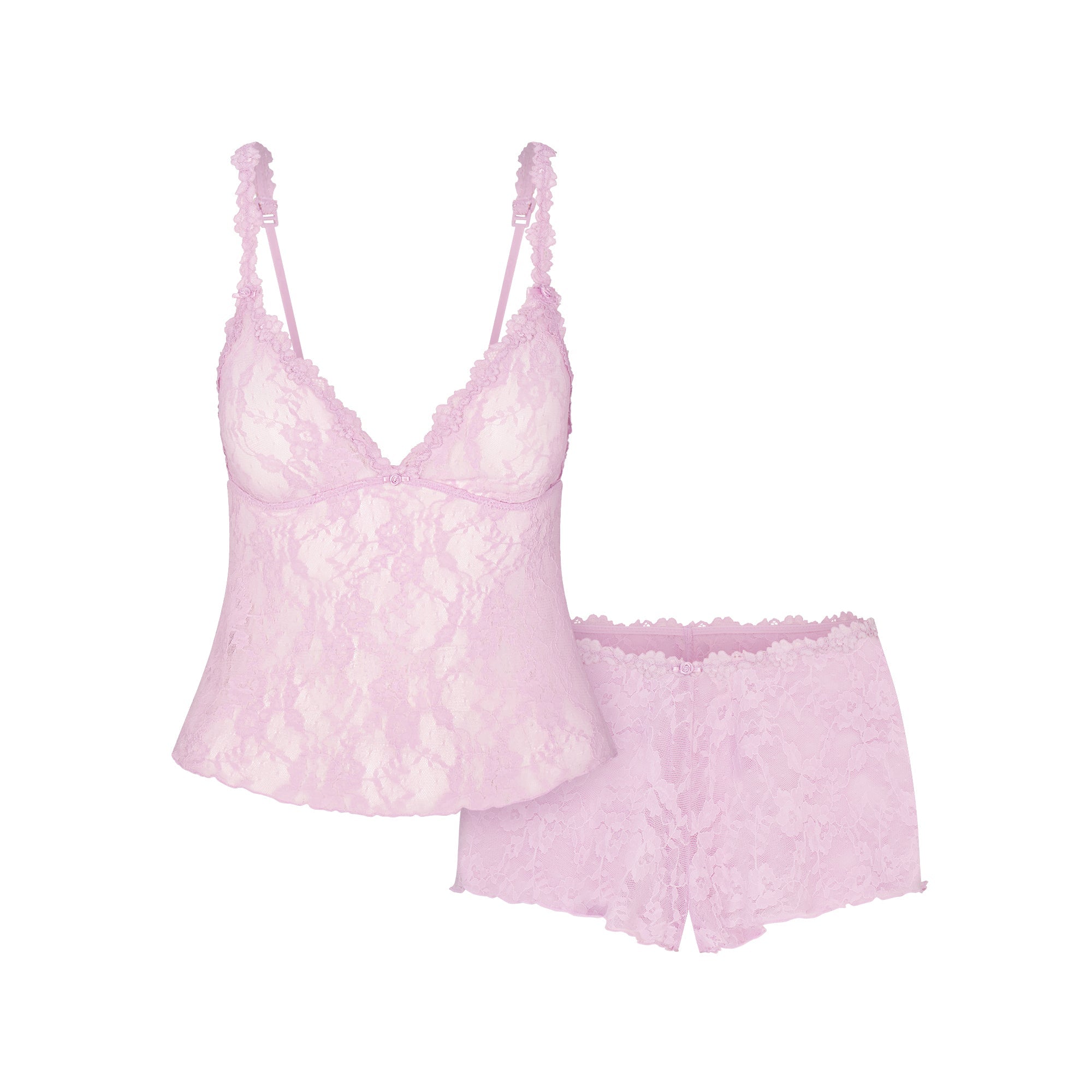 SKIMS STRETCH LACE TRIANGLE CAMI AND SHORT SET | BABY PINK