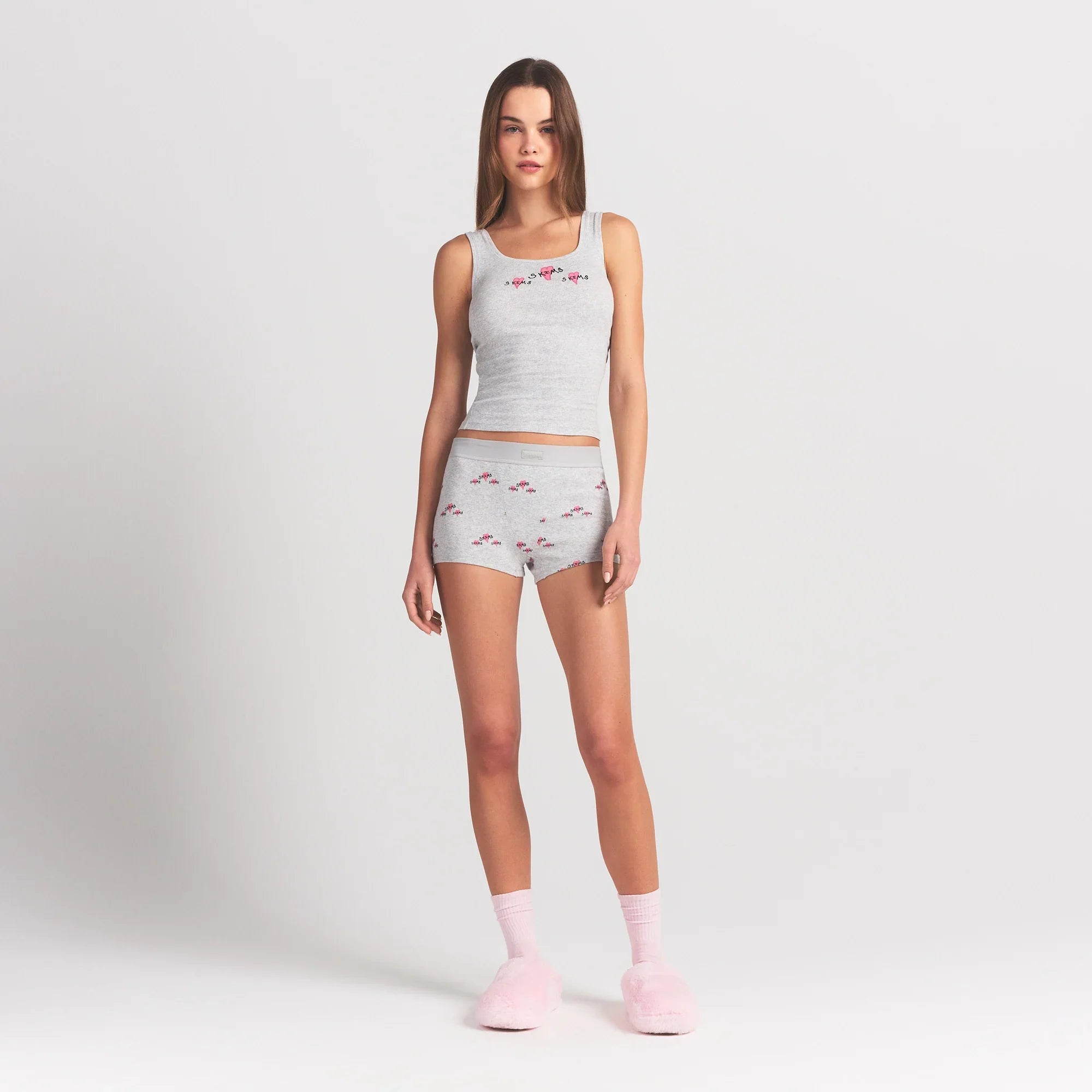 SKIMS COTTON RIB TANK AND SHORT SET | LIGHT HEATHER GREY TRIPLE HEARTS - Mind Türkiye