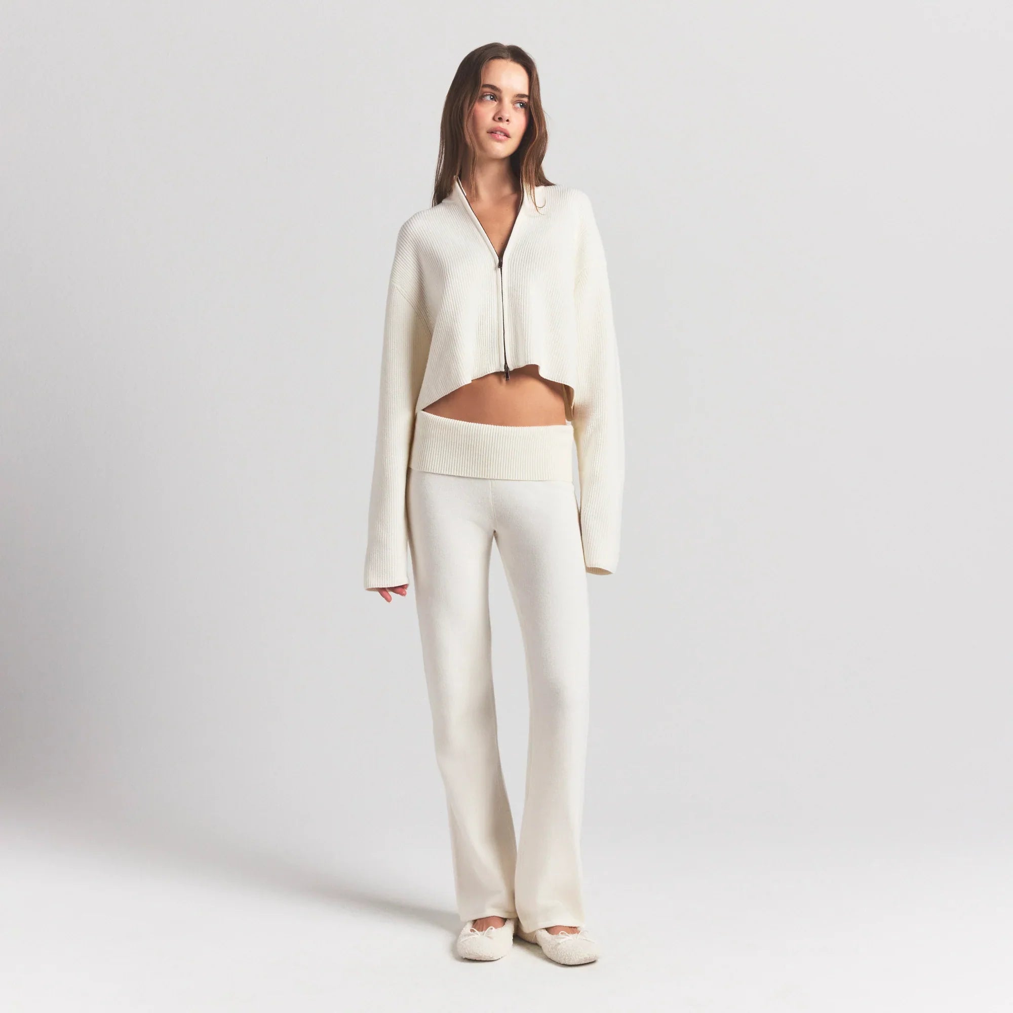 SKIMS SWEATER KNITS RIBBED MOCK NECK ZIP UP | IVORY - Mind Türkiye