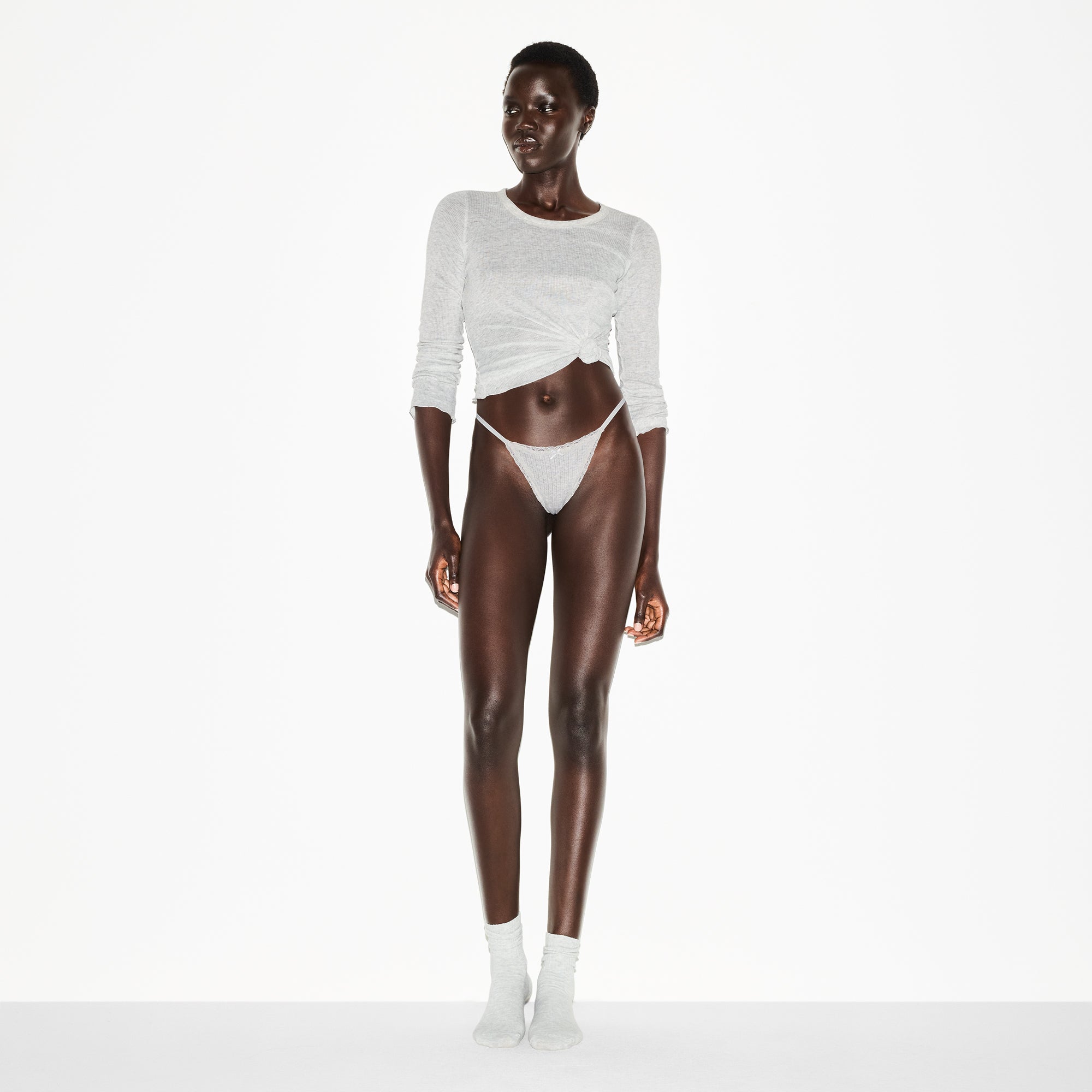 SKIMS LIGHTWEIGHT COTTON POINTELLE LACE STRING THONG | LIGHT HEATHER GREY