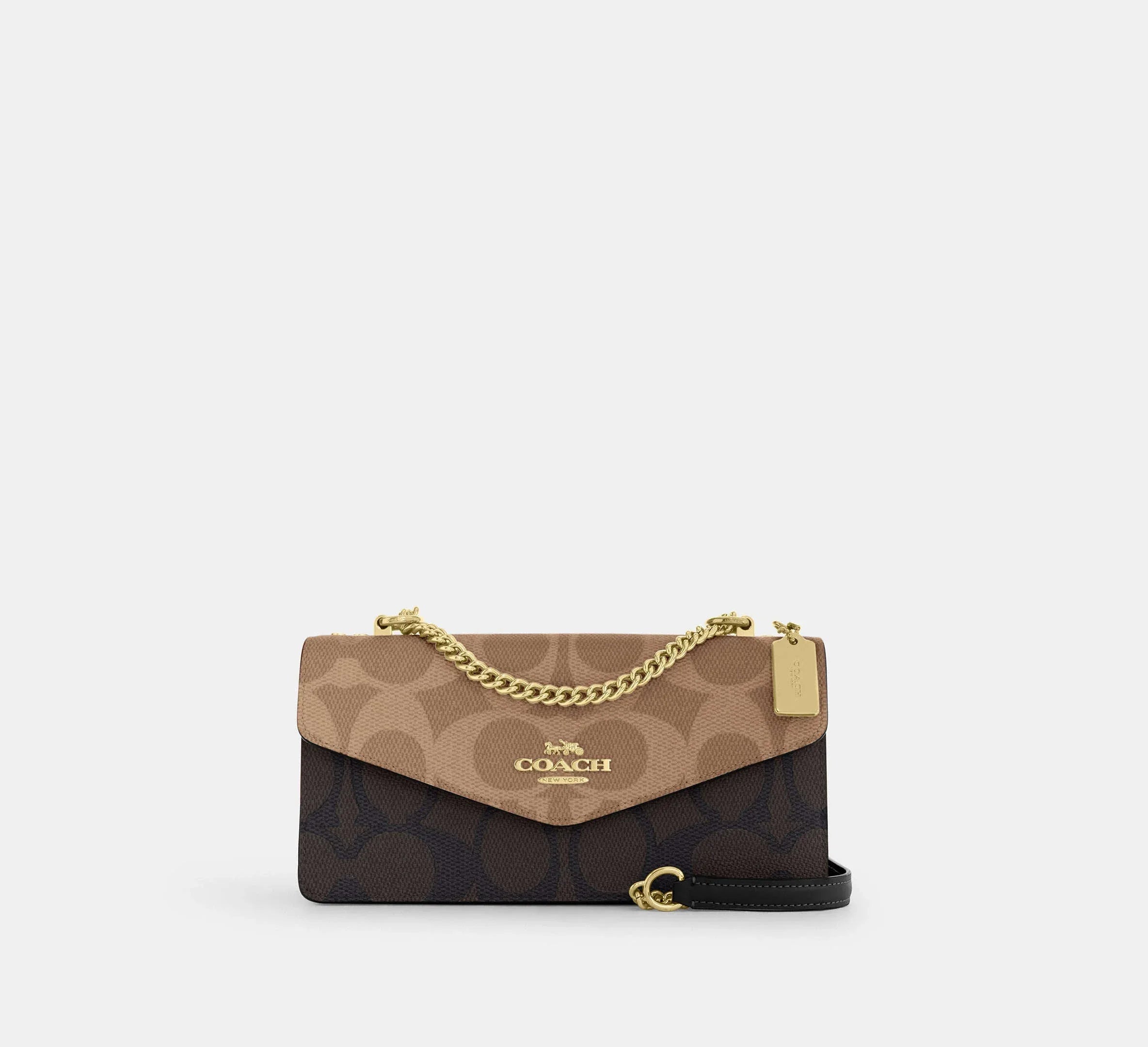 Coach Klare Envelope Crossbody Bag In Blocked Signature – Gold/Walnut/Tan - Mind Türkiye