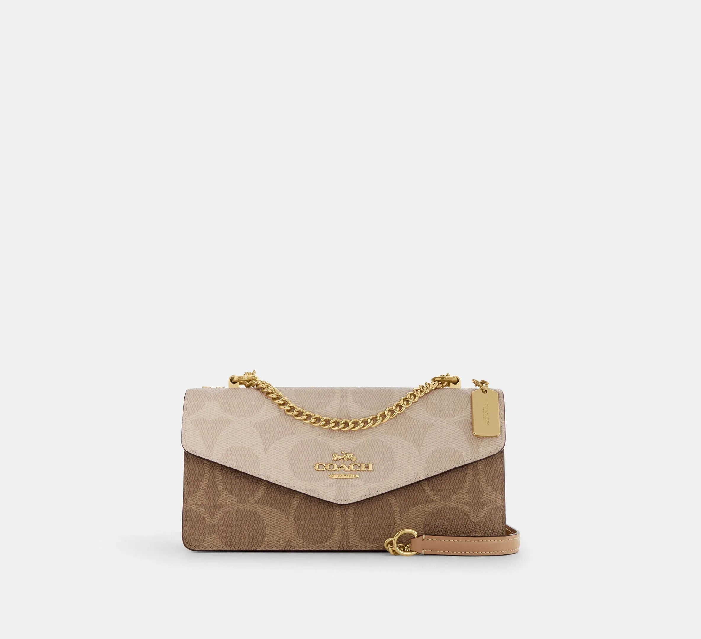 Coach Klare Envelope Crossbody Bag In Blocked Signature – Gold/Sand/Tan - Mind Türkiye