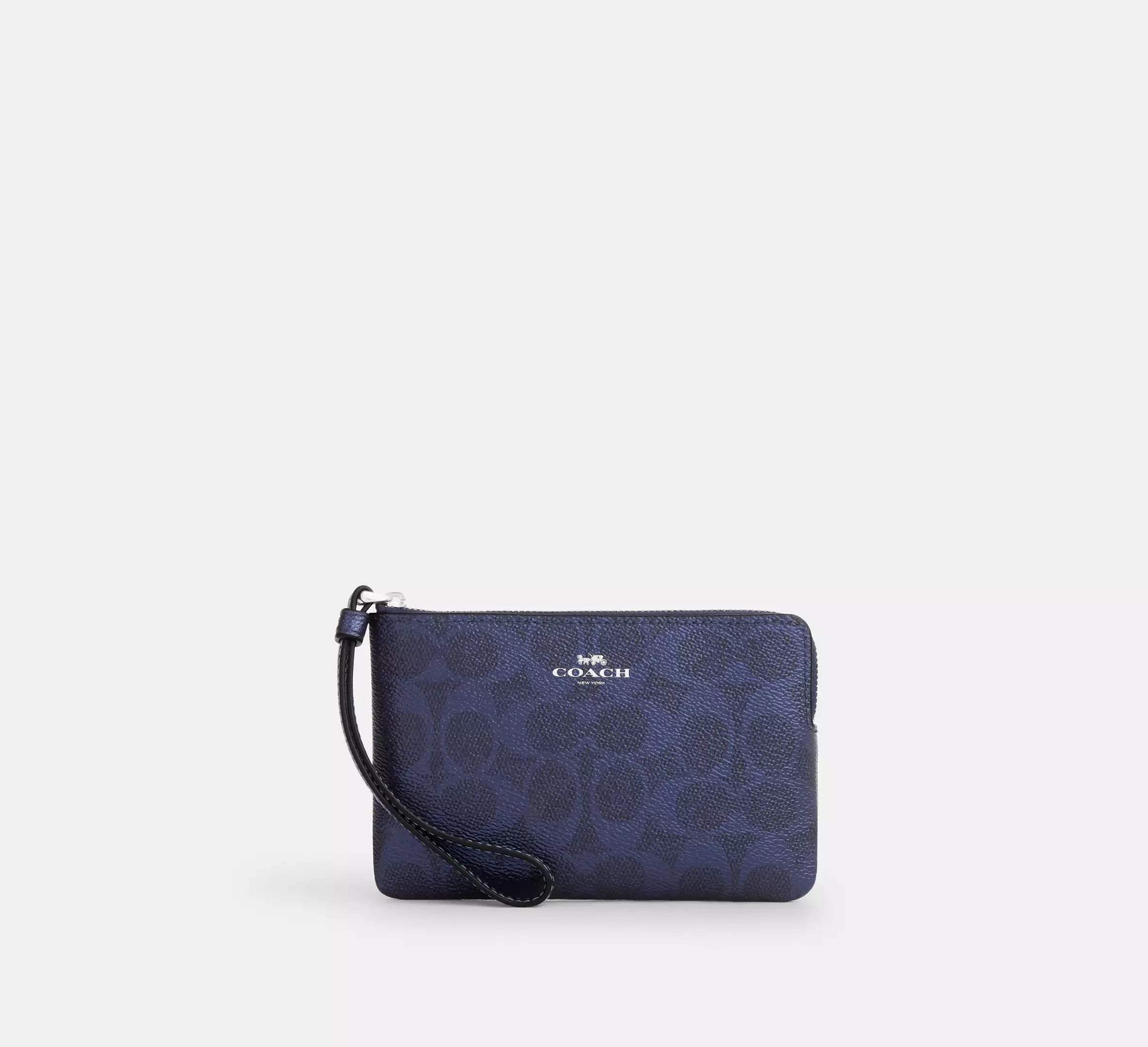 Coach Corner Zip Wristlet In Signature – Silver/Blue/Navy - Mind Türkiye