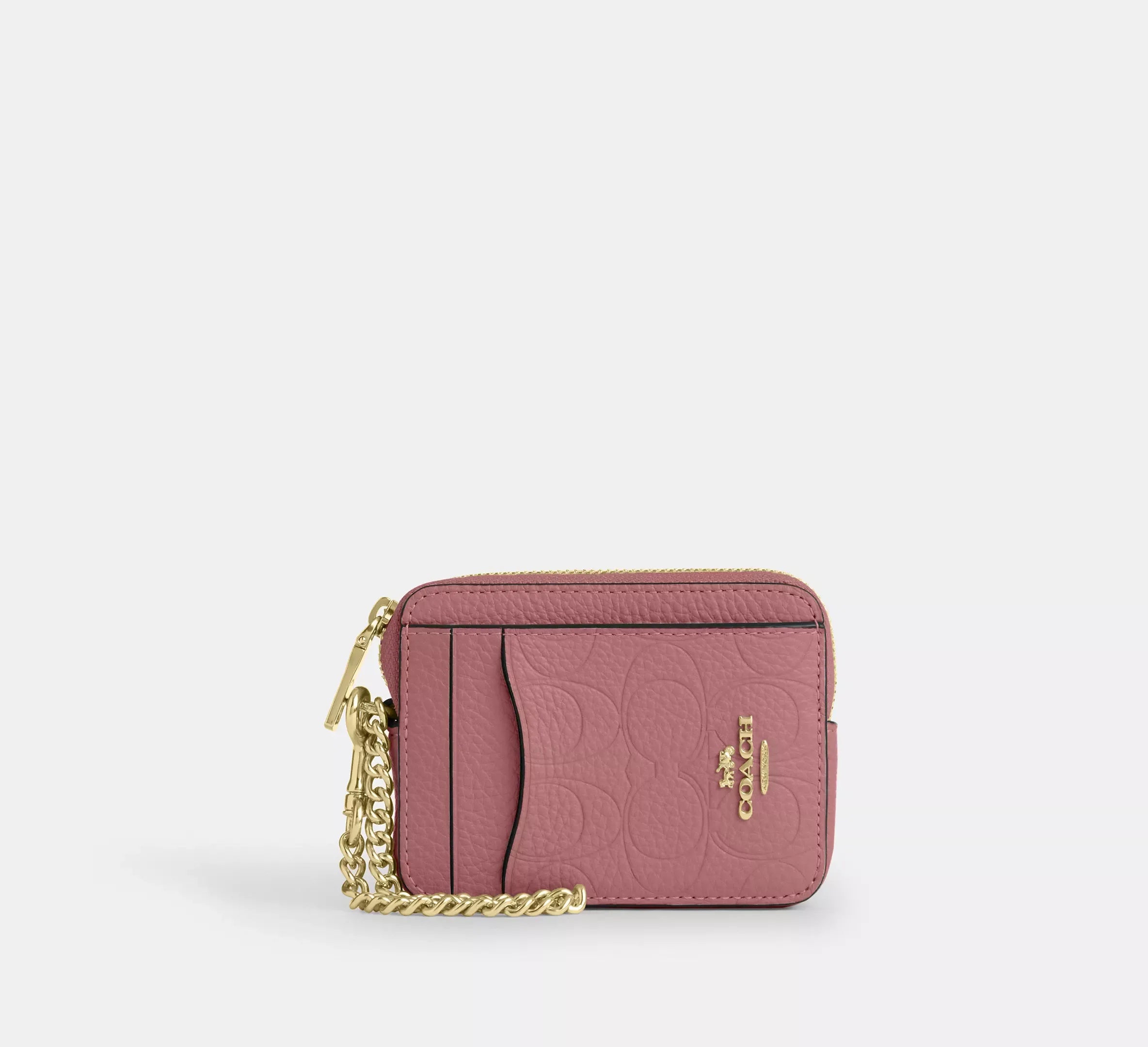 Coach Zip Card Case In Signature Leather – Gold/Peony - Mind Türkiye