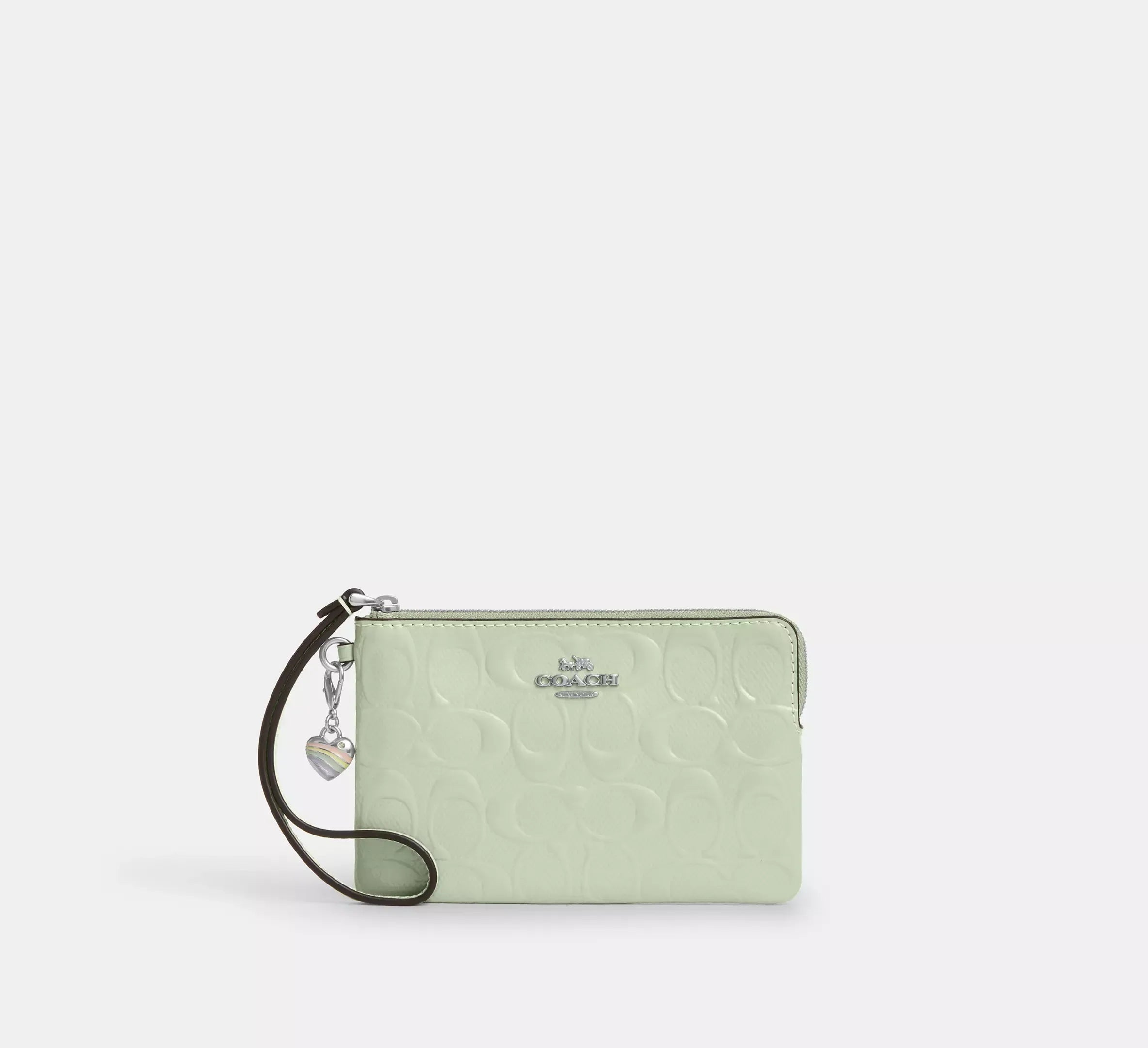 Coach Corner Zip Wristlet In Signature Leather With Heart Charm – Silver/Pale Green - Mind Türkiye