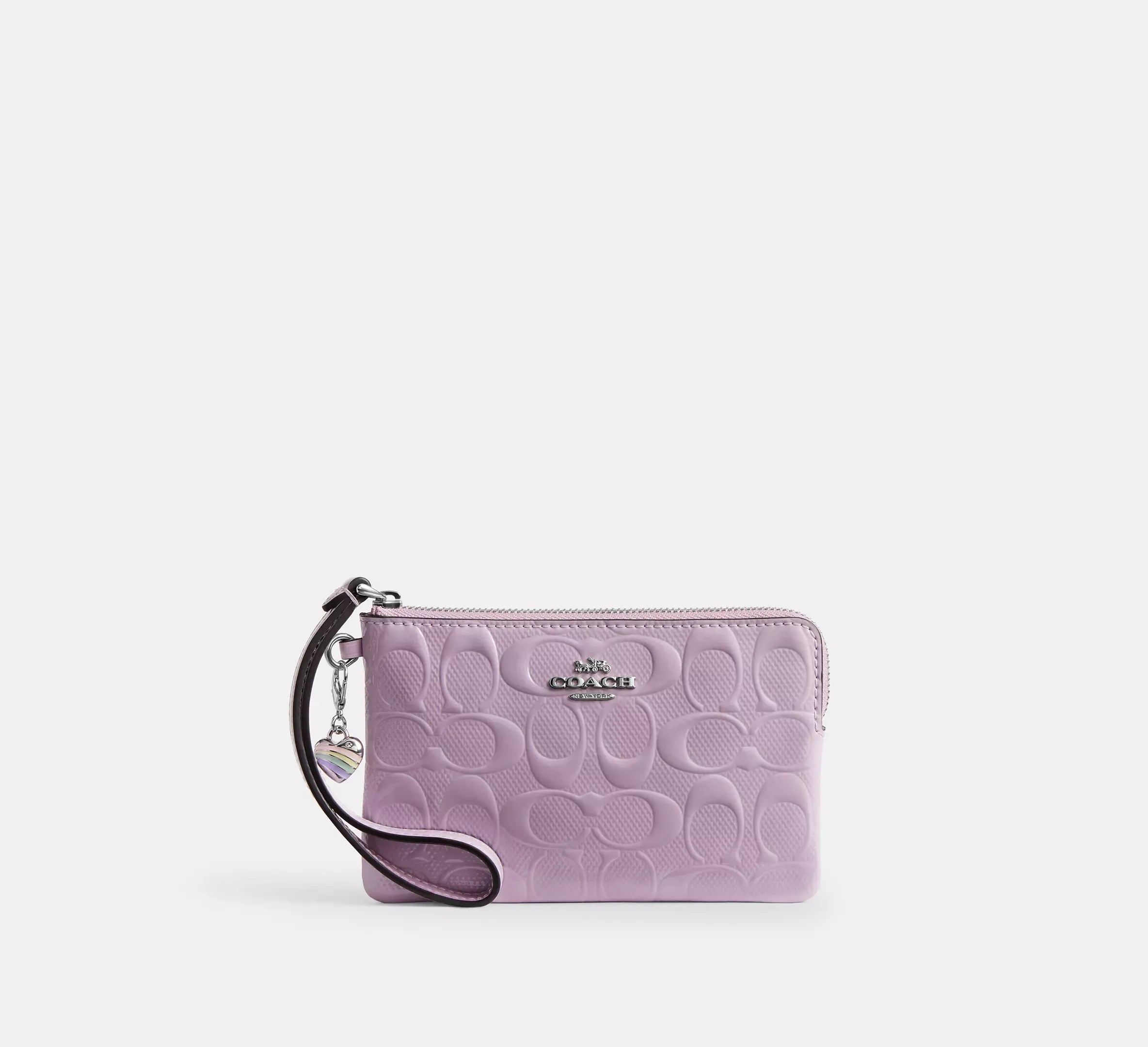 Coach Corner Zip Wristlet In Signature Leather With Heart Charm – Silver/Light Violet - Mind Türkiye